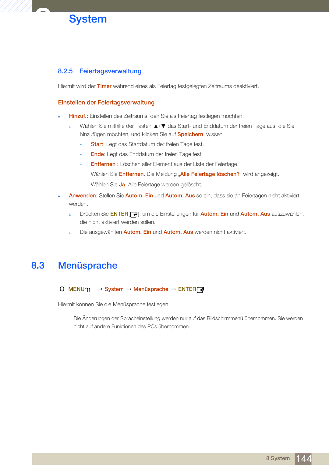 Samsung LH55MDBPLGC/EN, LH40MDBPLGC/EN manual Einstellen der Feiertagsverwaltung, Menu m System Menüsprache Enter 