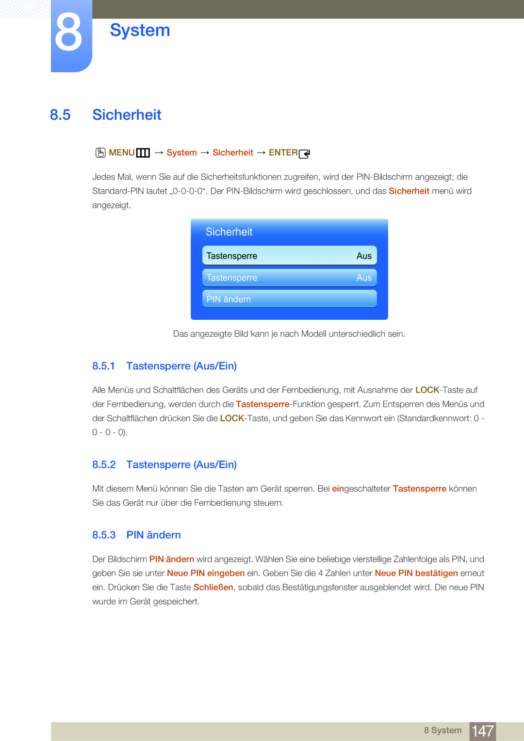 Samsung LH32MDBPLGC/EN, LH55MDBPLGC/EN, LH40MDBPLGC/EN Tastensperre Aus/Ein, PIN ändern, MENUm System Sicherheit Enter 