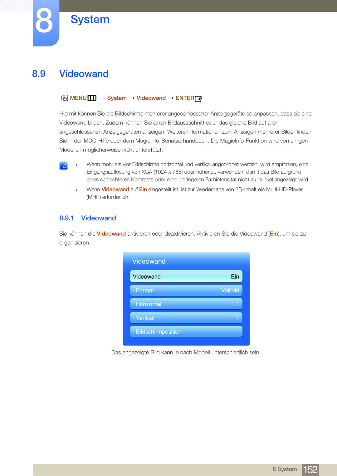 Samsung LH55MDBPLGC/EN, LH40MDBPLGC/EN, LH46MDBPLGC/EN, LH32MDBPLGC/EN manual MENUm System Videowand Enter 