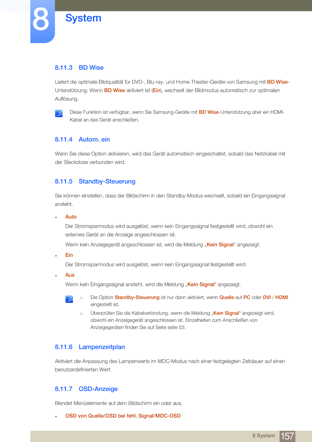 Samsung LH40MDBPLGC/EN, LH55MDBPLGC/EN, LH46MDBPLGC/EN manual BD Wise, Standby-Steuerung, Lampenzeitplan, OSD-Anzeige 