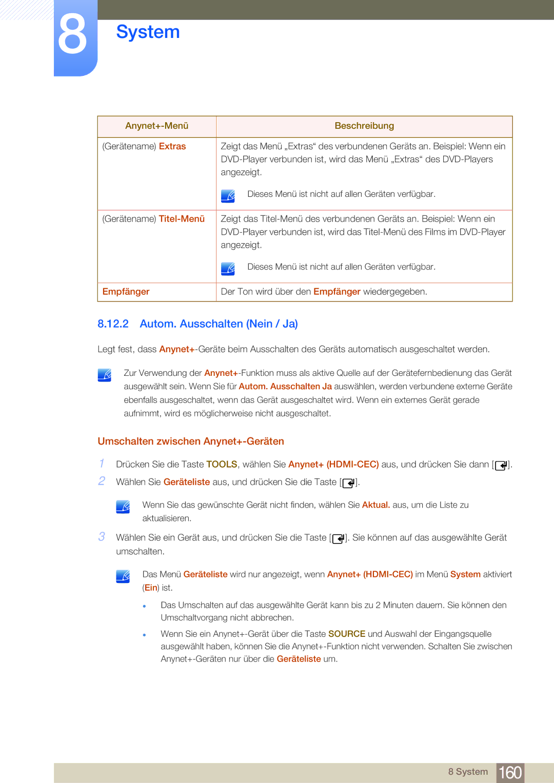 Samsung LH55MDBPLGC/EN, LH40MDBPLGC/EN manual Autom. Ausschalten Nein / Ja, Umschalten zwischen Anynet+-Geräten, Empfänger 