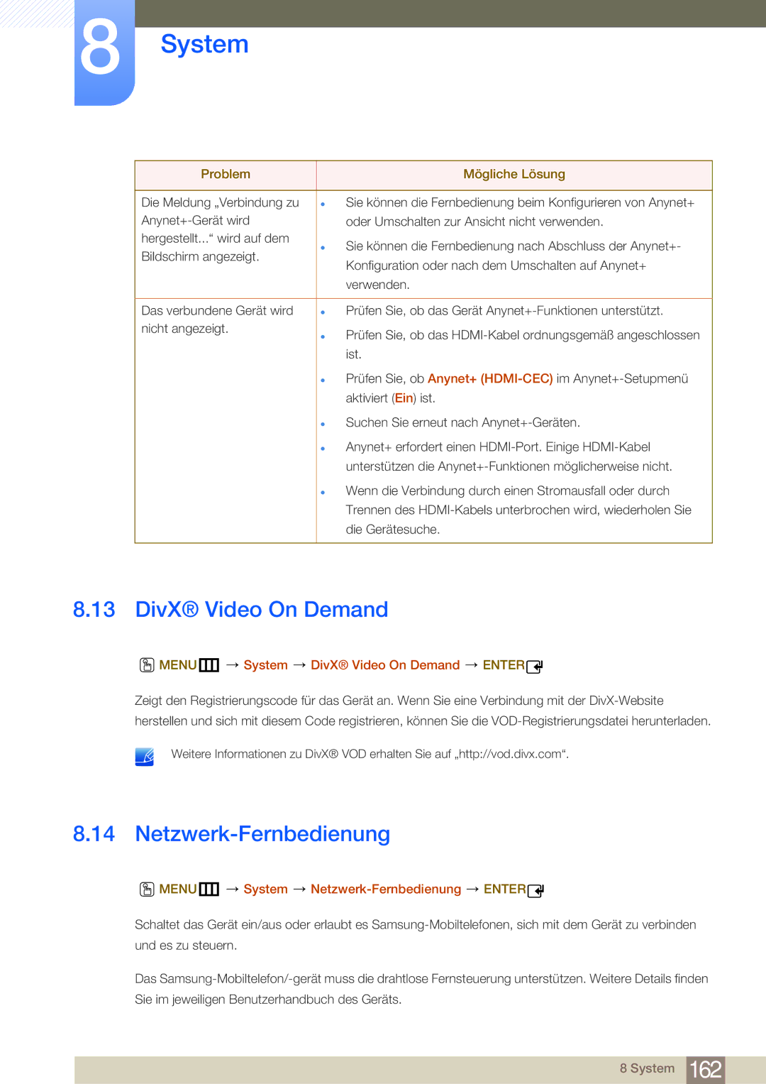 Samsung LH46MDBPLGC/EN, LH55MDBPLGC/EN, LH40MDBPLGC/EN Netzwerk-Fernbedienung, MENUm System DivX Video On Demand Enter 