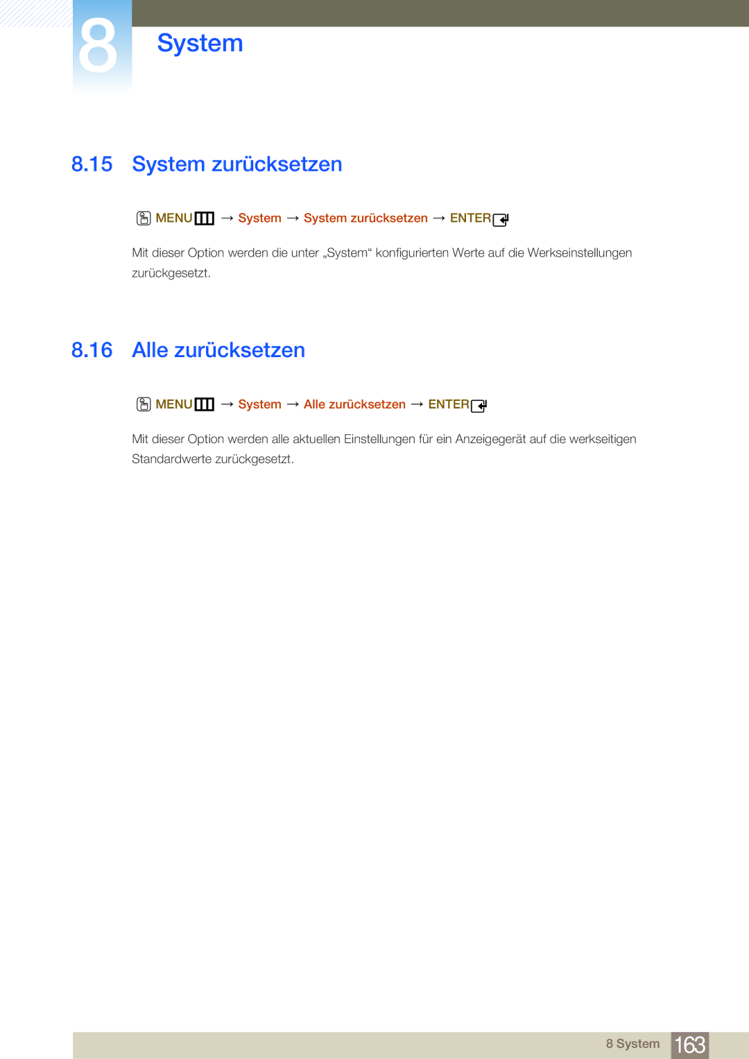 Samsung LH32MDBPLGC/EN manual MENUm System System zurücksetzen Enter, MENUm System Alle zurücksetzen Enter 