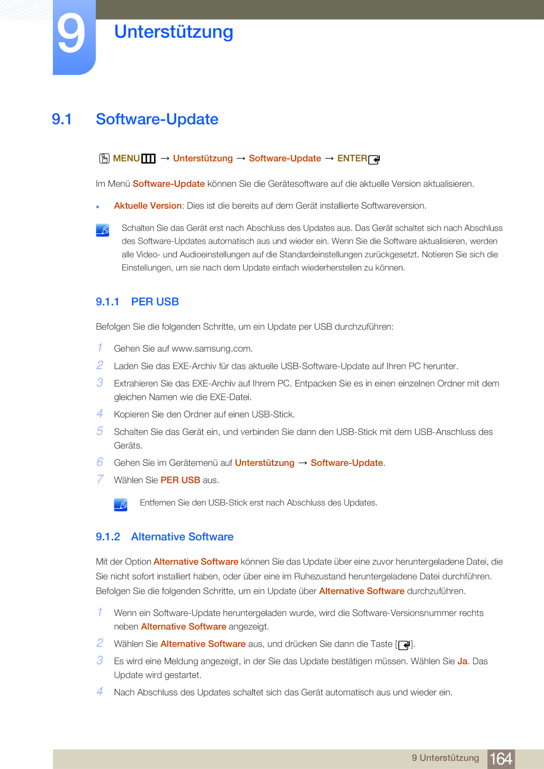 Samsung LH55MDBPLGC/EN, LH40MDBPLGC/EN, LH46MDBPLGC/EN manual Unterstützung, Software-Update, Per Usb, Alternative Software 