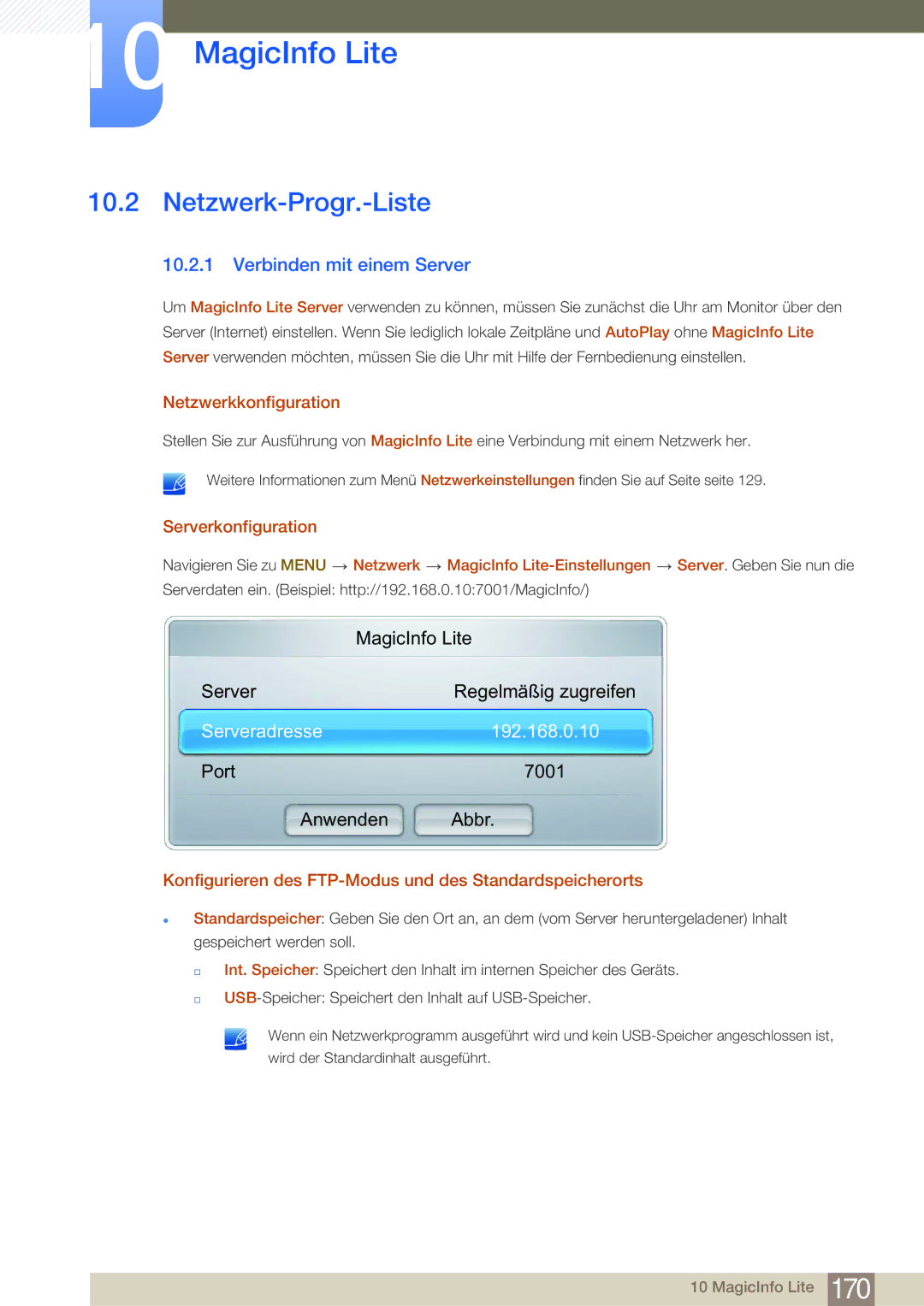 Samsung LH46MDBPLGC/EN manual Netzwerk-Progr.-Liste, Verbinden mit einem Server, Netzwerkkonfiguration, Serverkonfiguration 