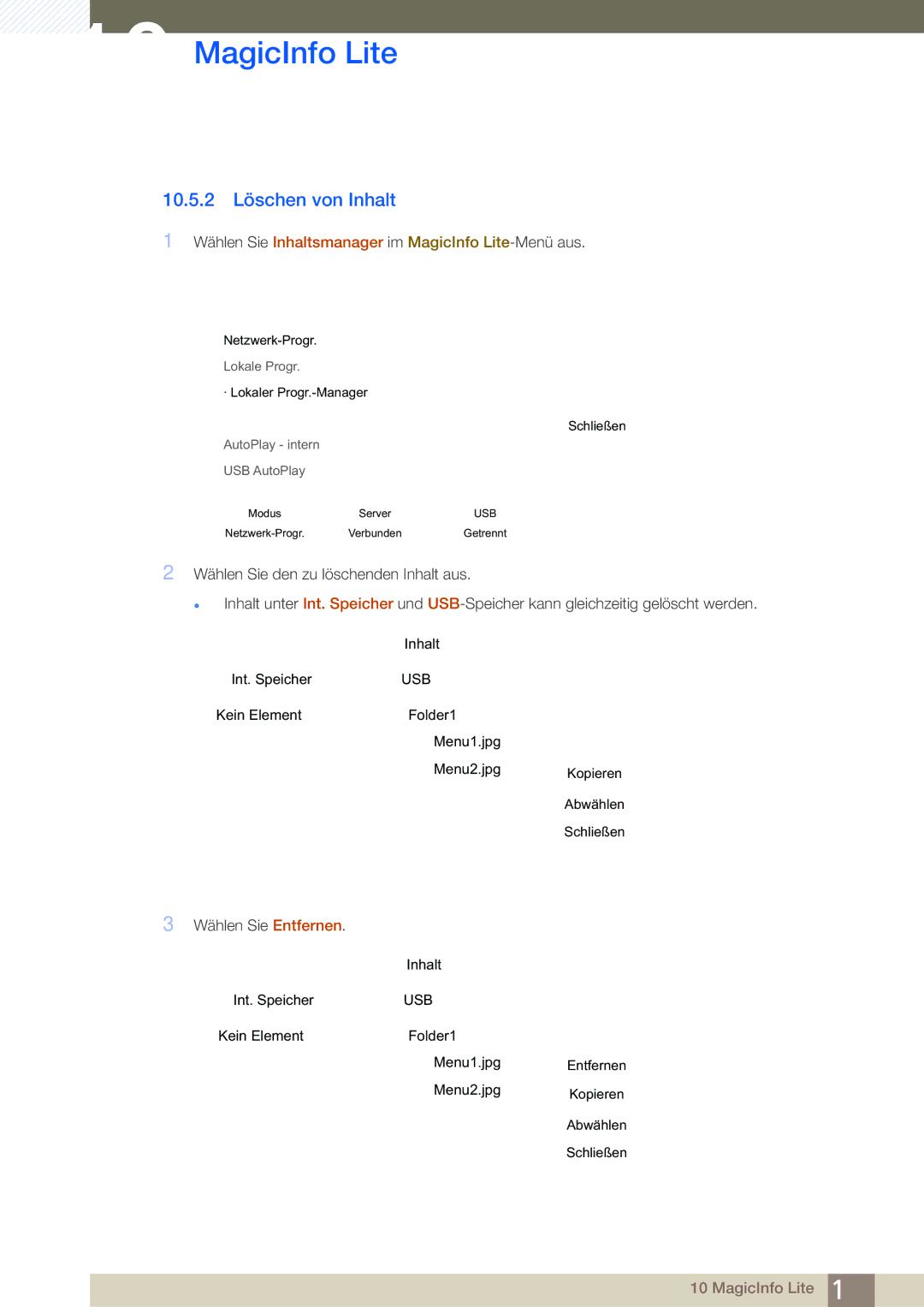 Samsung LH46MDBPLGC/EN, LH55MDBPLGC/EN, LH40MDBPLGC/EN, LH32MDBPLGC/EN manual 10.5.2 Löschen von Inhalt 