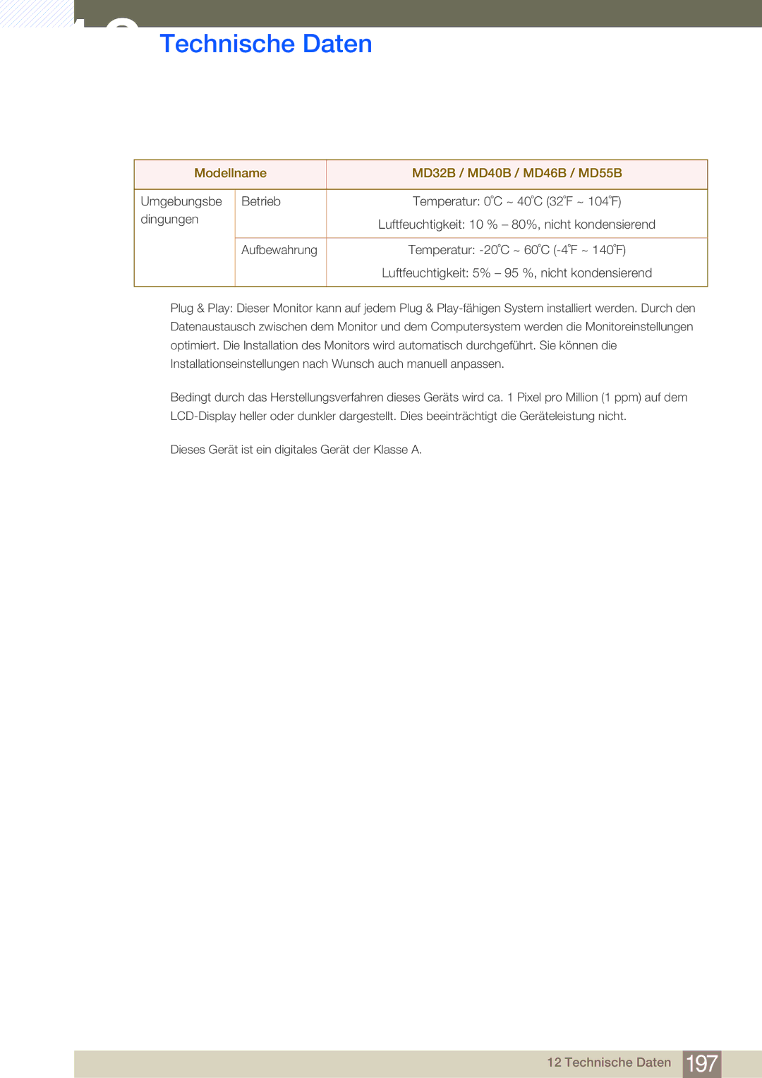 Samsung LH40MDBPLGC/EN, LH55MDBPLGC/EN, LH46MDBPLGC/EN, LH32MDBPLGC/EN manual Umgebungsbe Betrieb 