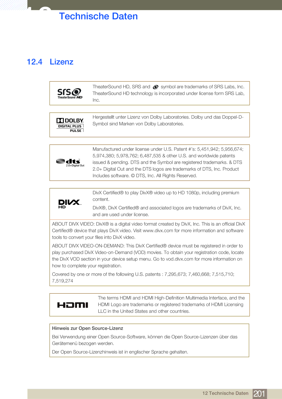 Samsung LH40MDBPLGC/EN, LH55MDBPLGC/EN, LH46MDBPLGC/EN, LH32MDBPLGC/EN manual Lizenz 