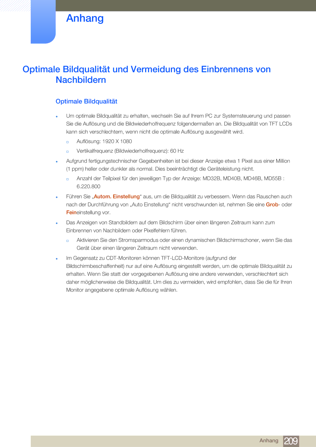 Samsung LH40MDBPLGC/EN, LH55MDBPLGC/EN, LH46MDBPLGC/EN, LH32MDBPLGC/EN manual Optimale Bildqualität 