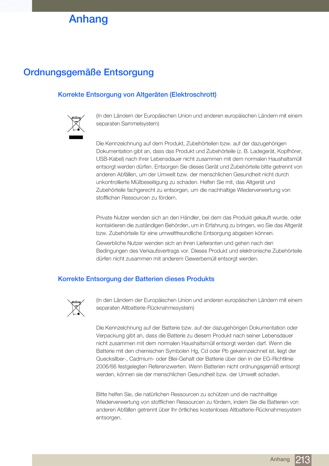 Samsung LH40MDBPLGC/EN, LH55MDBPLGC/EN manual Ordnungsgemäße Entsorgung, Korrekte Entsorgung von Altgeräten Elektroschrott 