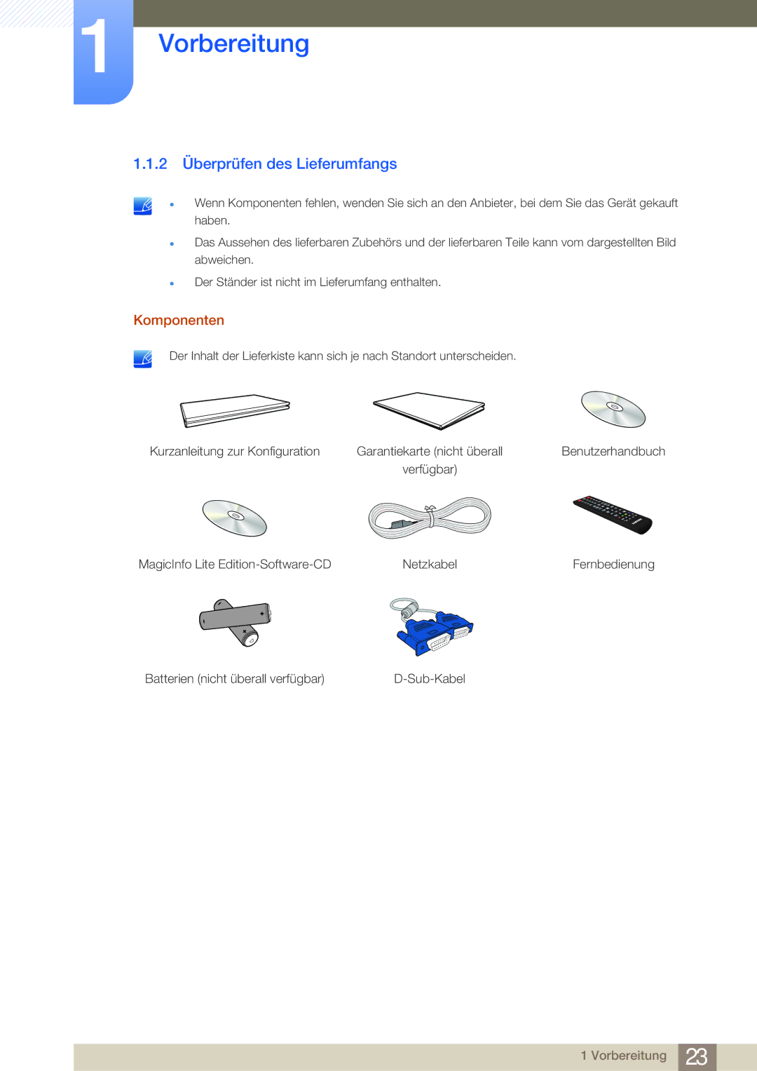 Samsung LH32MDBPLGC/EN, LH55MDBPLGC/EN, LH40MDBPLGC/EN, LH46MDBPLGC/EN manual 2 Überprüfen des Lieferumfangs, Komponenten 