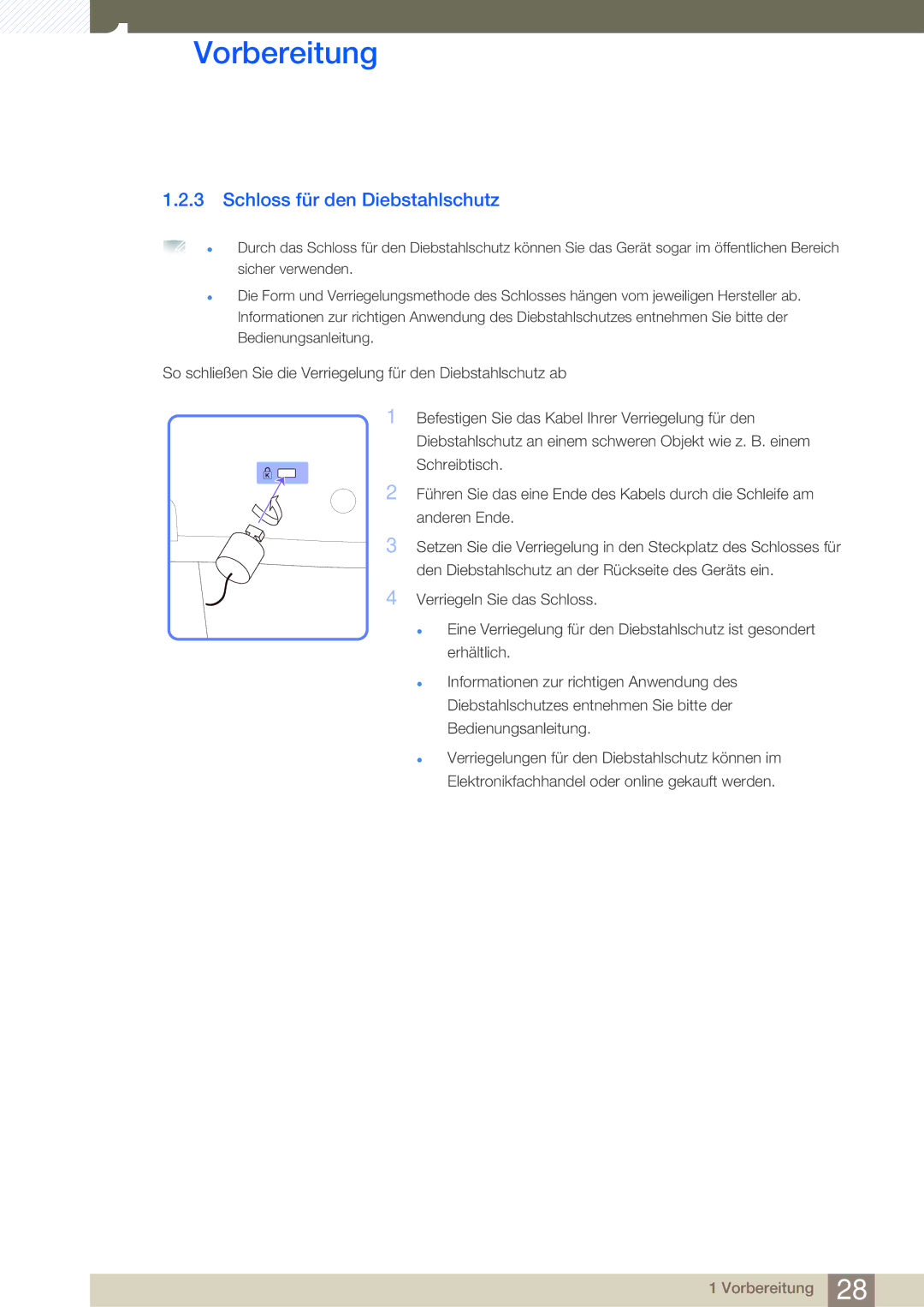 Samsung LH55MDBPLGC/EN, LH40MDBPLGC/EN, LH46MDBPLGC/EN, LH32MDBPLGC/EN manual Schloss für den Diebstahlschutz 