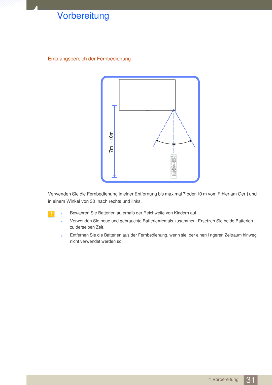 Samsung LH32MDBPLGC/EN, LH55MDBPLGC/EN, LH40MDBPLGC/EN, LH46MDBPLGC/EN manual Empfangsbereich der Fernbedienung, 7m ~ 10m 