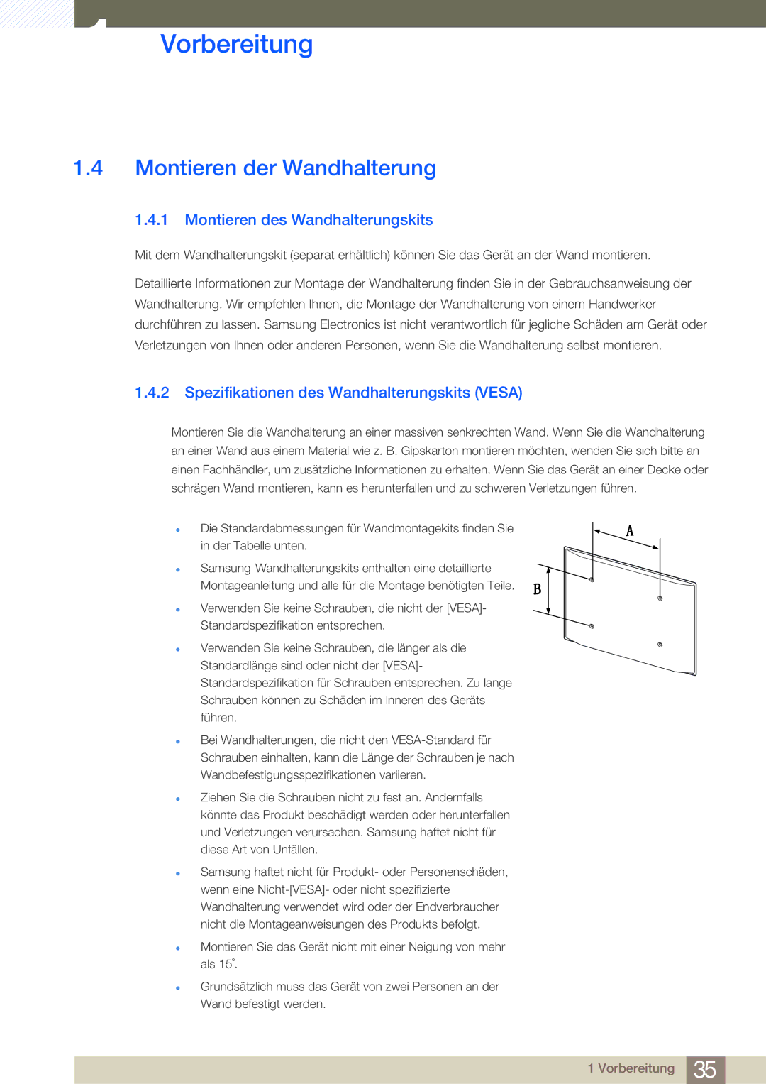 Samsung LH32MDBPLGC/EN, LH55MDBPLGC/EN, LH40MDBPLGC/EN manual Montieren der Wandhalterung, Montieren des Wandhalterungskits 