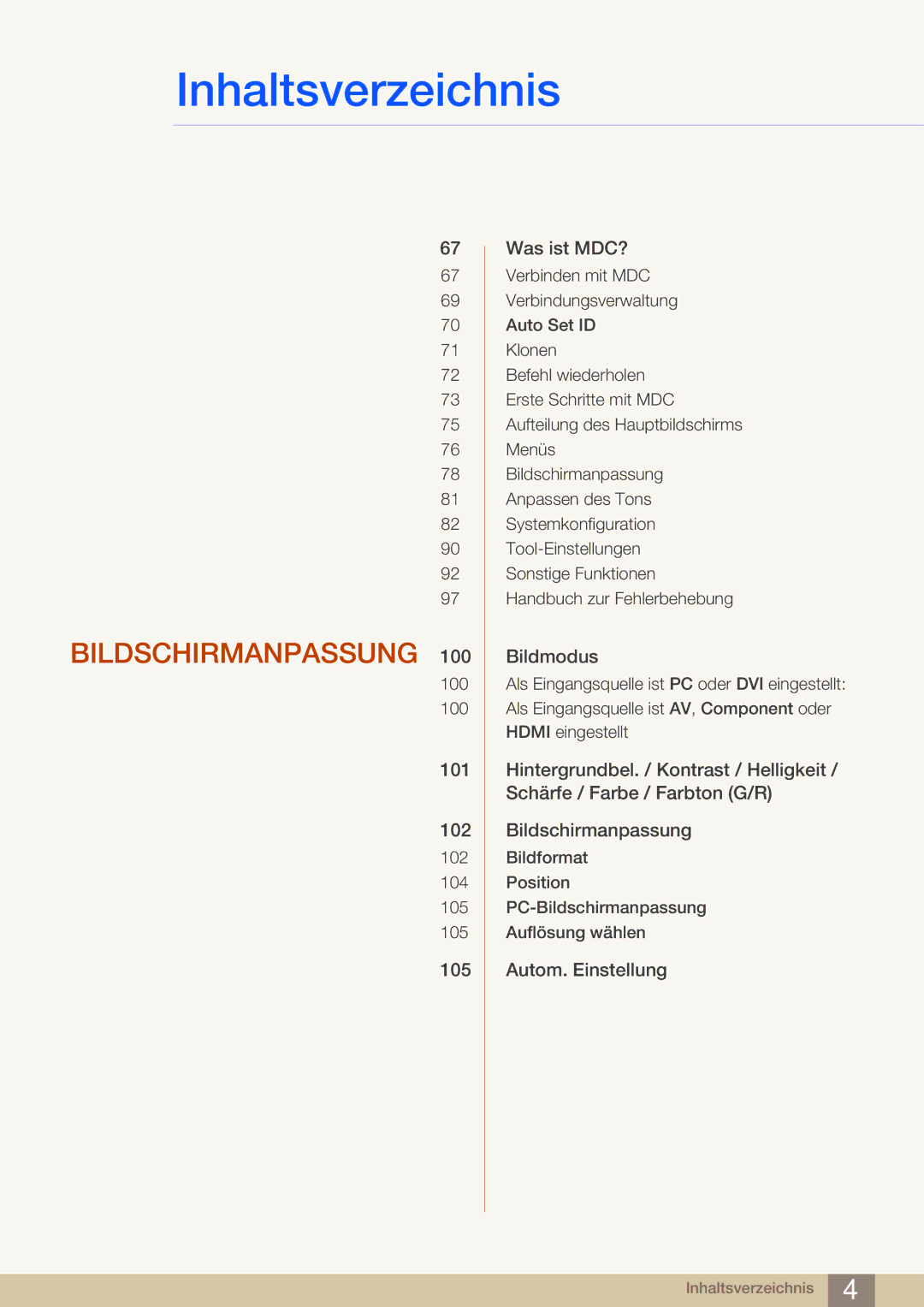 Samsung LH55MDBPLGC/EN, LH40MDBPLGC/EN, LH46MDBPLGC/EN, LH32MDBPLGC/EN manual Bildschirmanpassung 