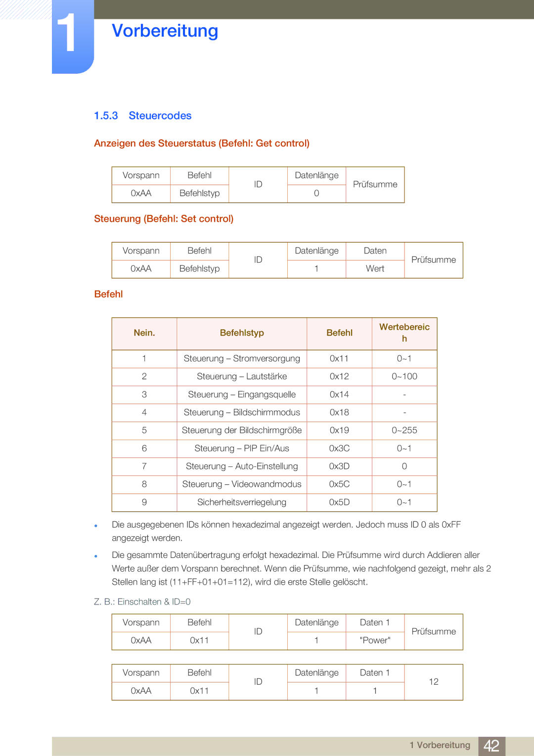 Samsung LH46MDBPLGC/EN manual Steuercodes, Anzeigen des Steuerstatus Befehl Get control, Steuerung Befehl Set control 