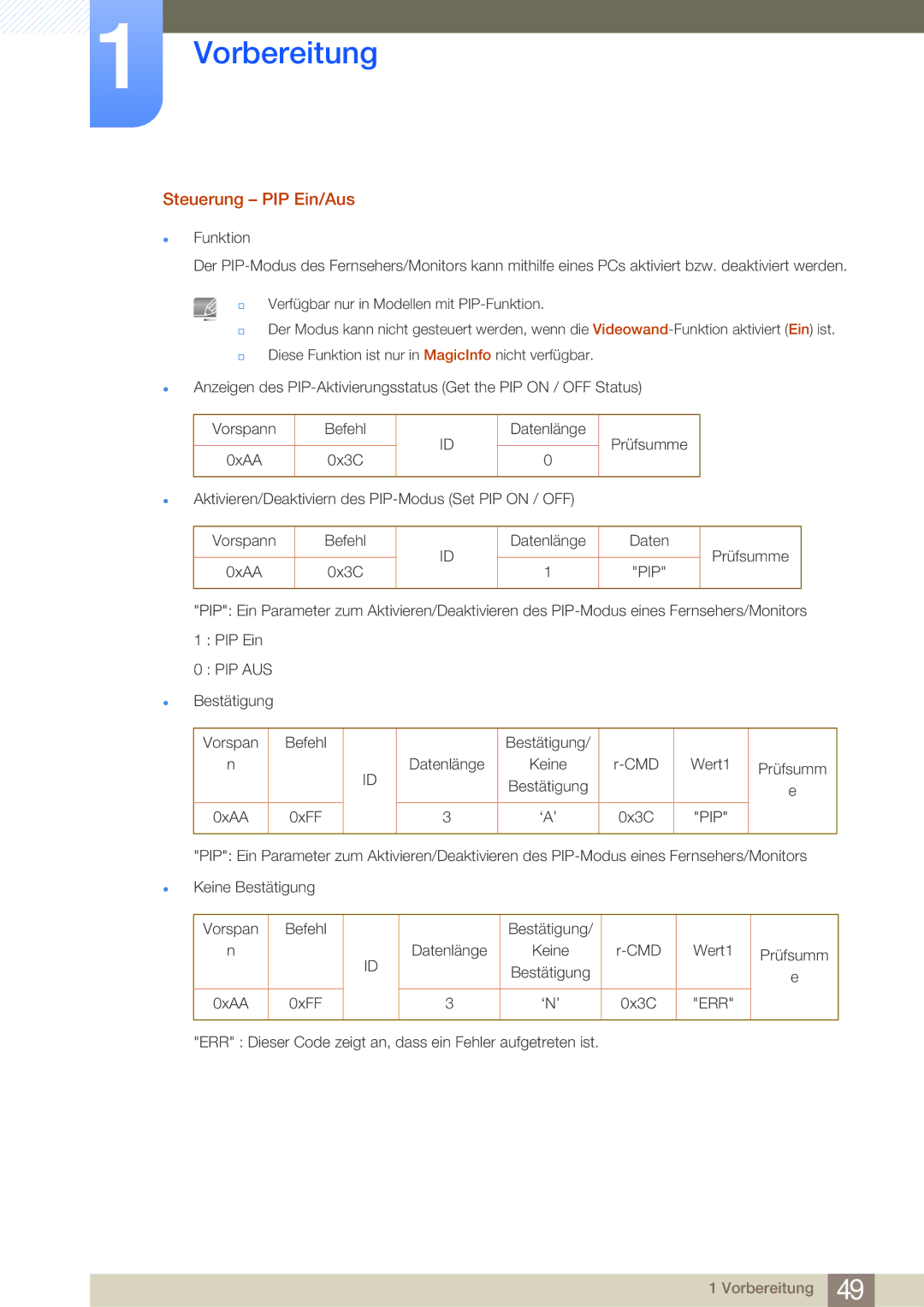 Samsung LH40MDBPLGC/EN, LH55MDBPLGC/EN, LH46MDBPLGC/EN, LH32MDBPLGC/EN manual Steuerung PIP Ein/Aus, Pip Aus 