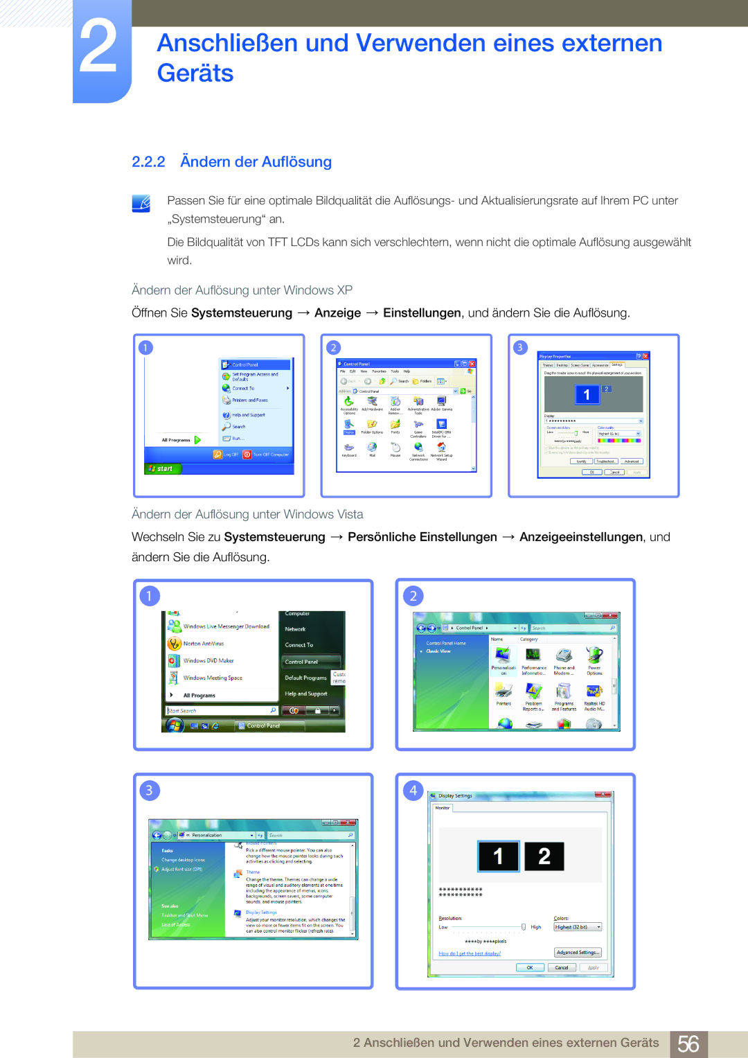 Samsung LH55MDBPLGC/EN, LH40MDBPLGC/EN, LH46MDBPLGC/EN manual 2 Ändern der Auflösung, Ändern der Auflösung unter Windows XP 