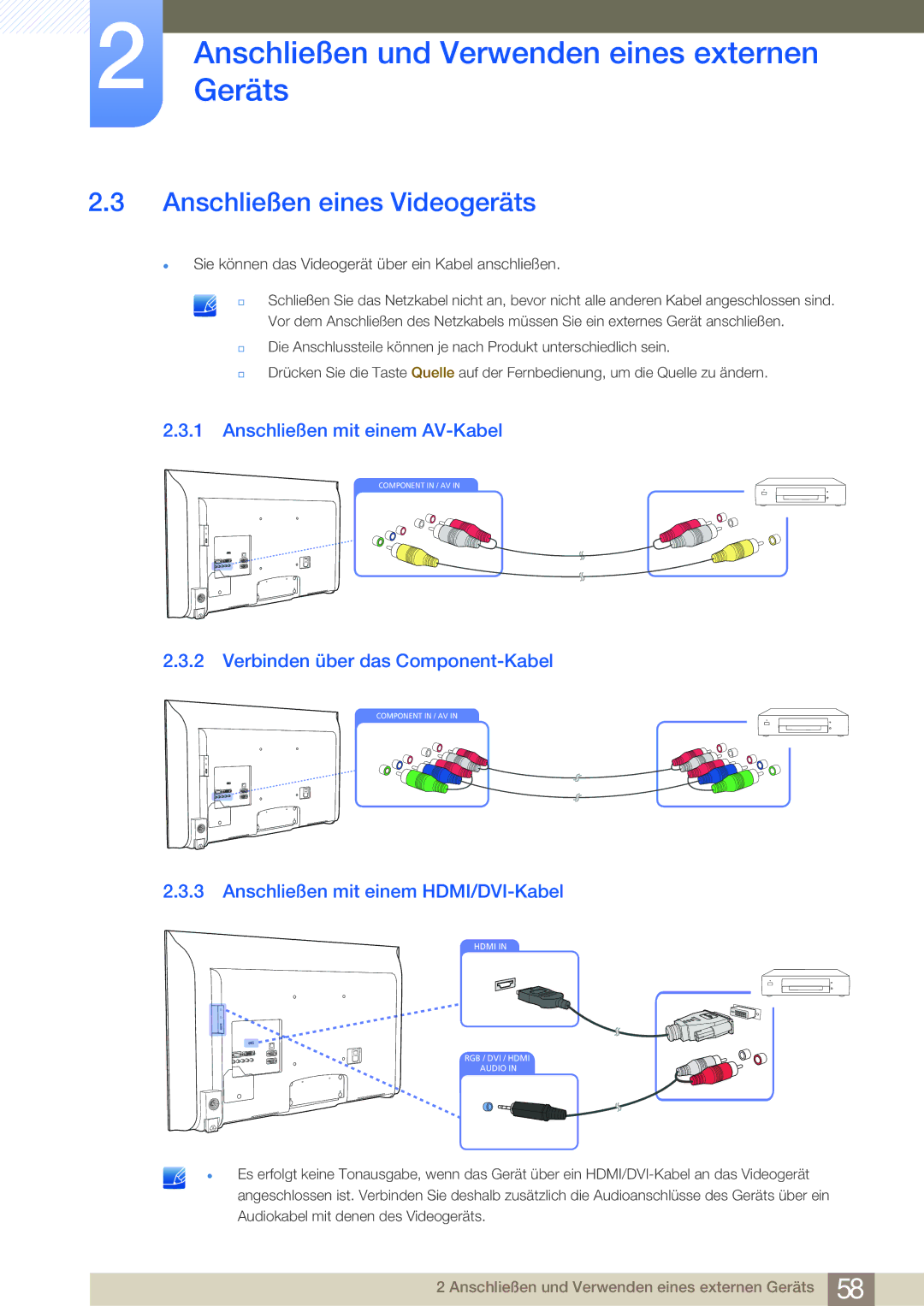 Samsung LH46MDBPLGC/EN Anschließen eines Videogeräts, Anschließen mit einem AV-Kabel, Verbinden über das Component-Kabel 