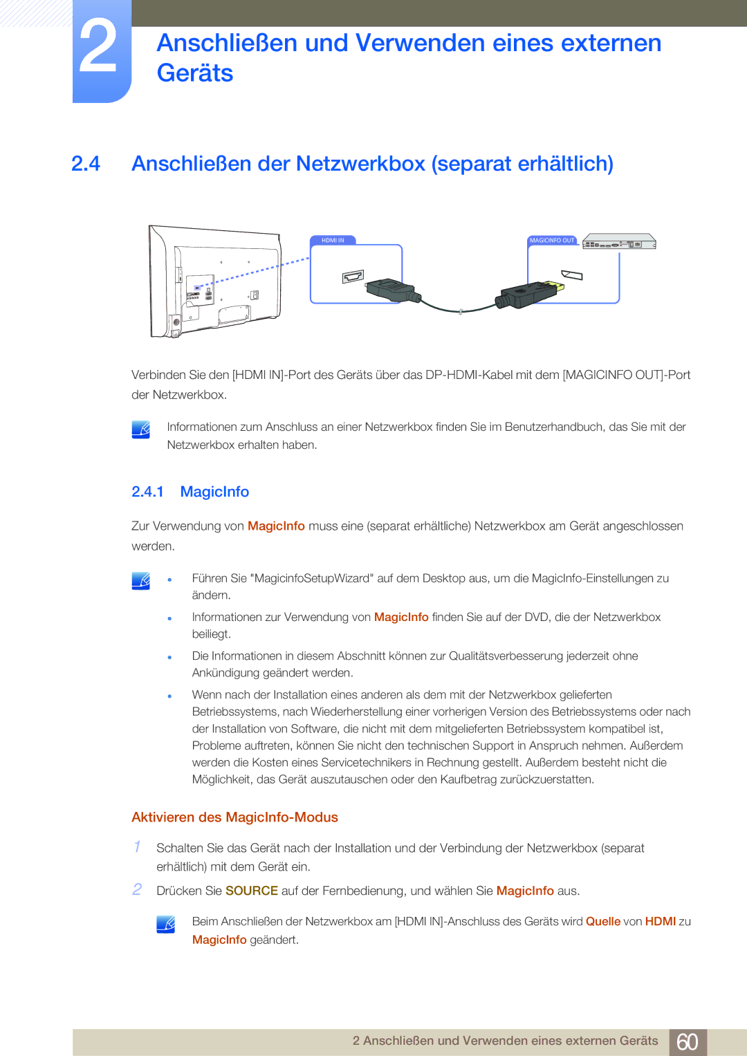 Samsung LH55MDBPLGC/EN, LH40MDBPLGC/EN Anschließen der Netzwerkbox separat erhältlich, Aktivieren des MagicInfo-Modus 