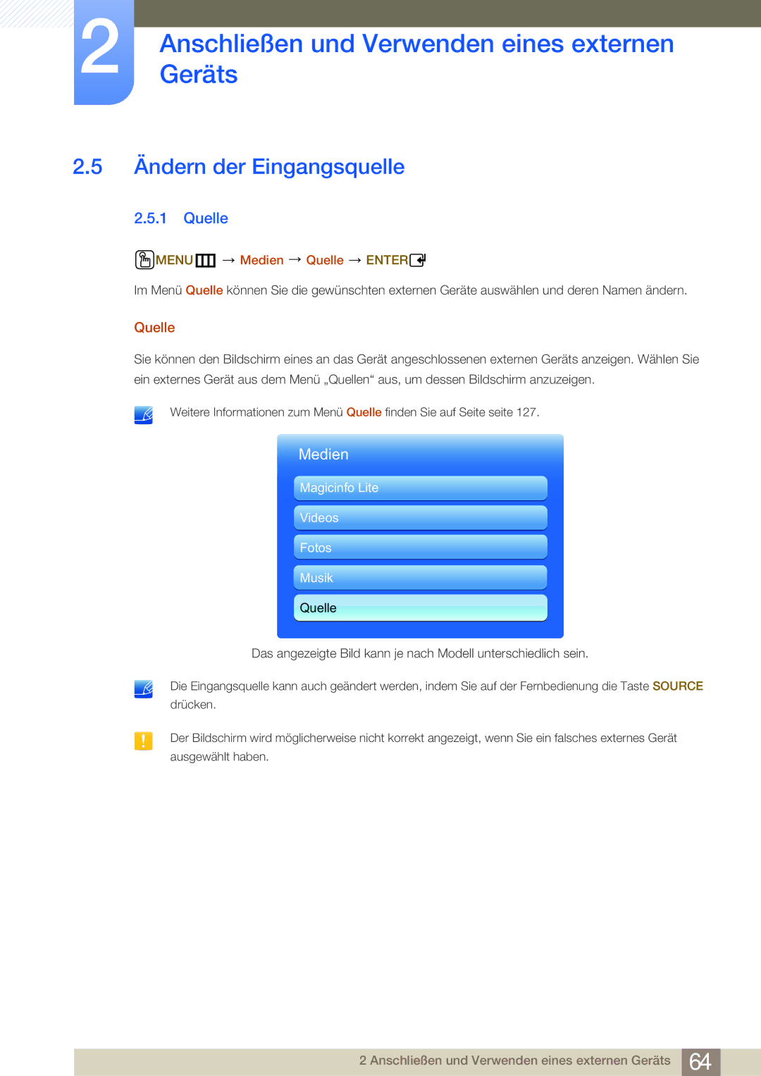 Samsung LH55MDBPLGC/EN, LH40MDBPLGC/EN, LH46MDBPLGC/EN manual Ändern der Eingangsquelle, MENUm Medien Quelle Enter 