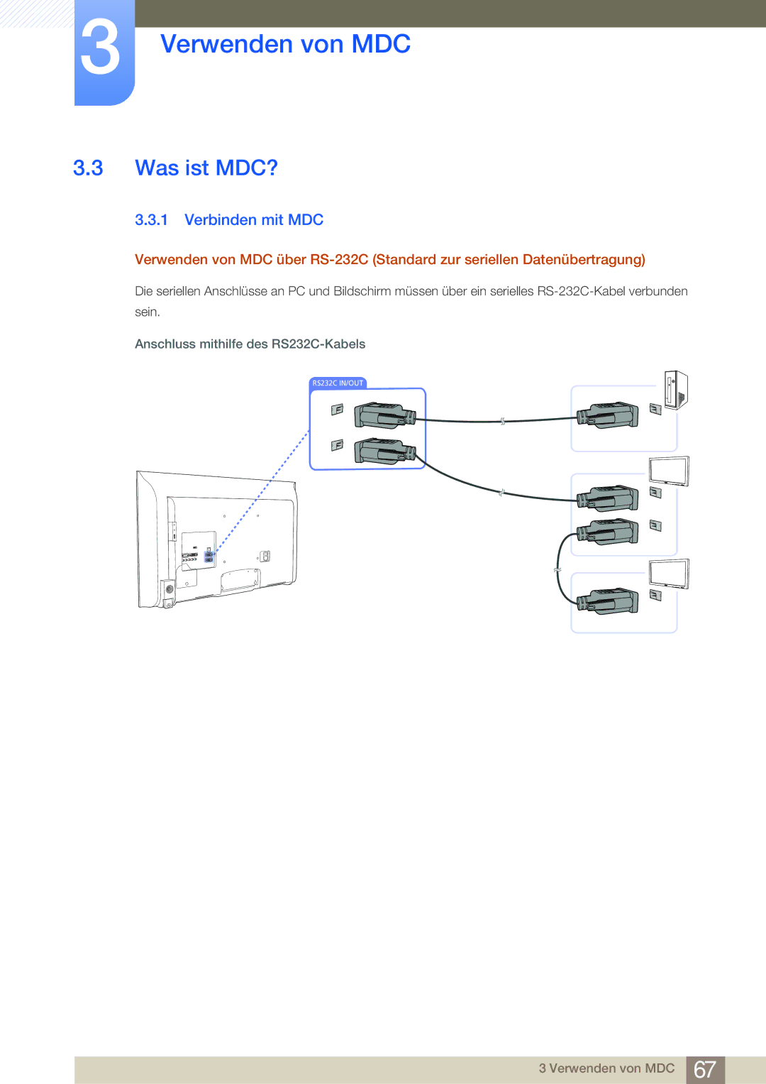 Samsung LH32MDBPLGC/EN, LH55MDBPLGC/EN manual Was ist MDC?, Verbinden mit MDC, Anschluss mithilfe des RS232C-Kabels 