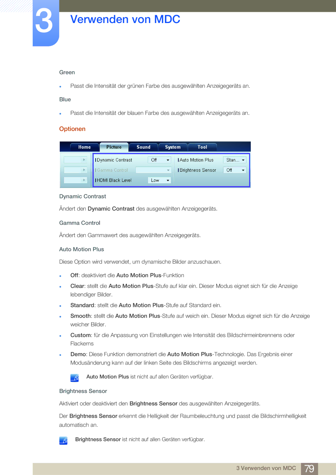 Samsung LH32MDBPLGC/EN, LH55MDBPLGC/EN, LH40MDBPLGC/EN manual Optionen, Green, Blue, Dynamic Contrast, Brightness Sensor 