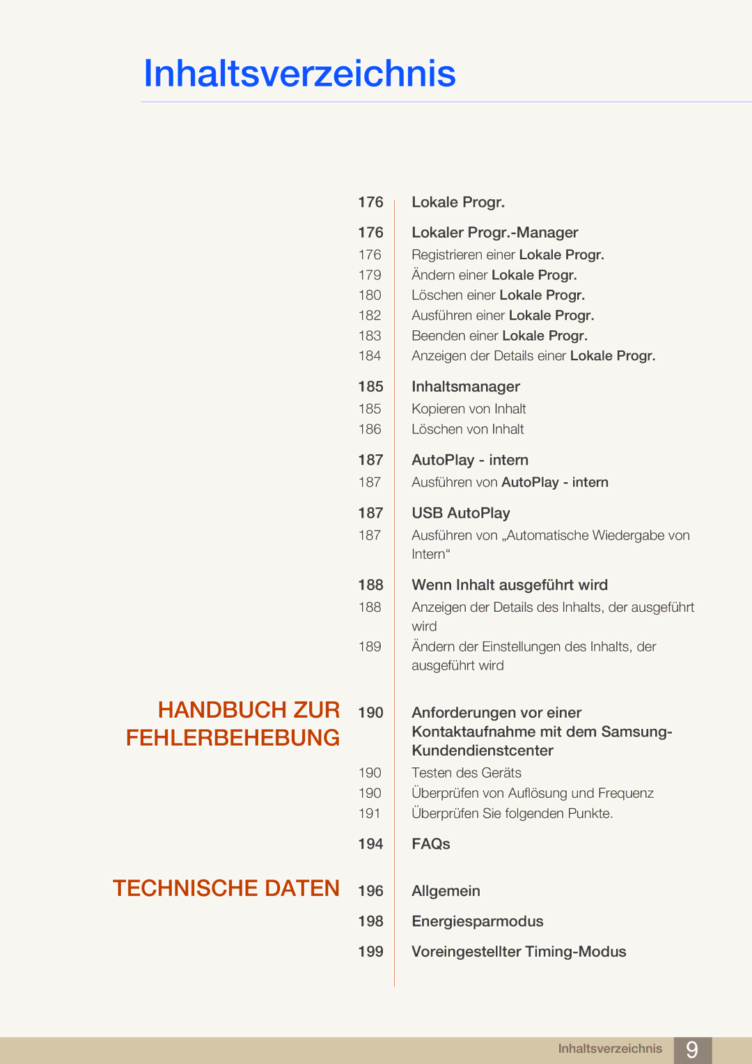 Samsung LH40MDBPLGC/EN, LH55MDBPLGC/EN, LH46MDBPLGC/EN, LH32MDBPLGC/EN manual Handbuch ZUR 190 Fehlerbehebung 