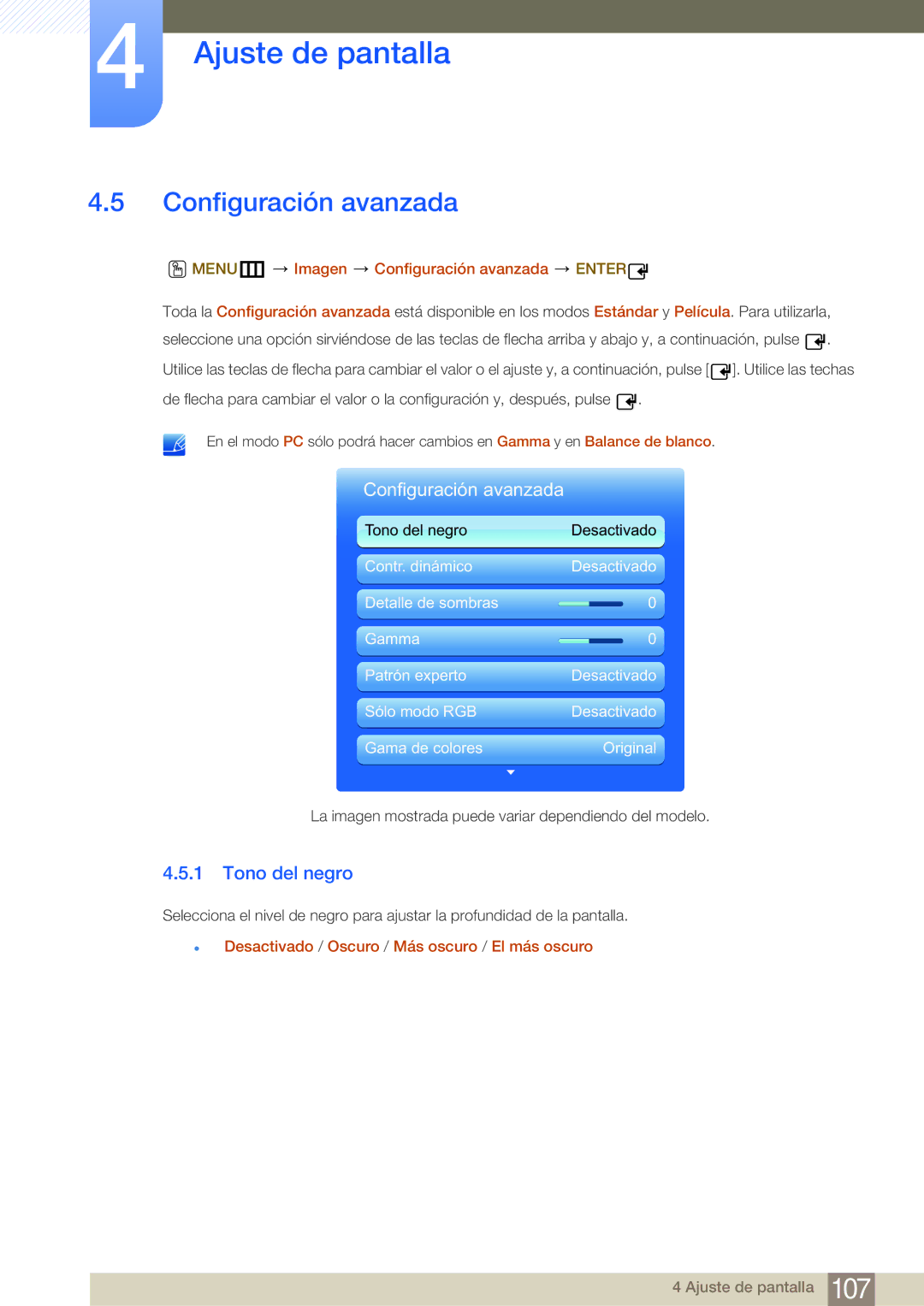 Samsung LH32MDBPLGC/EN, LH55MDBPLGC/EN, LH40MDBPLGC/EN manual Tono del negro, MENUm Imagen Configuración avanzada Enter 