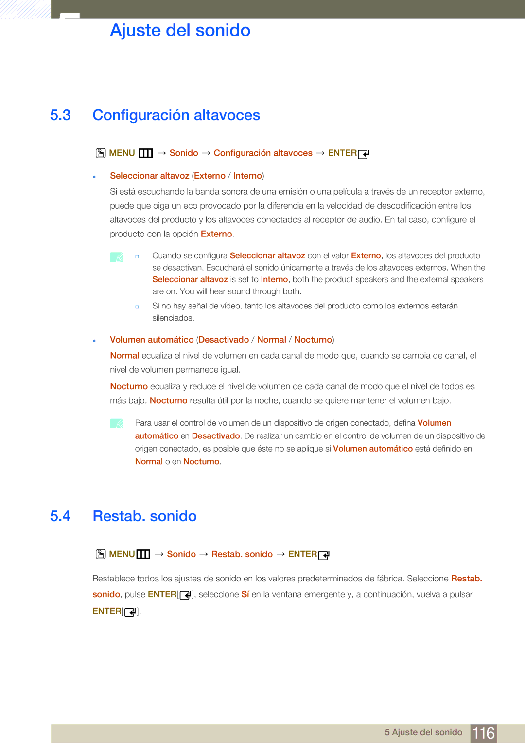 Samsung LH55MDBPLGC/EN manual Configuración altavoces, Restab. sonido,  Volumen automático Desactivado / Normal / Nocturno 