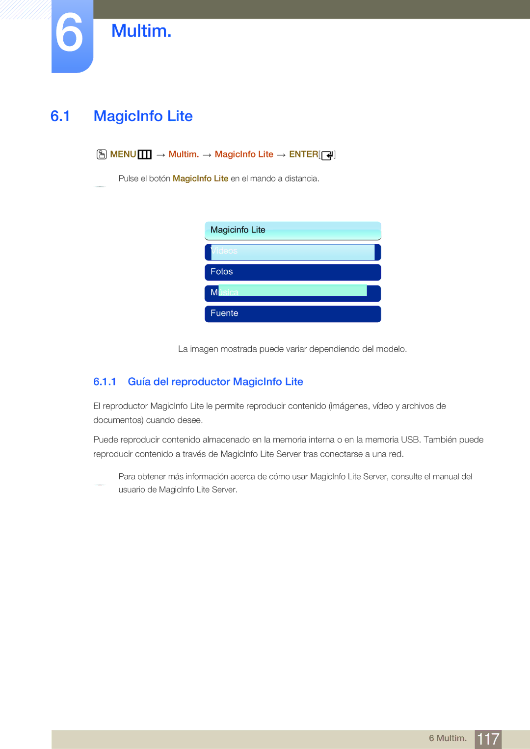 Samsung LH40MDBPLGC/EN, LH55MDBPLGC/EN 1 Guía del reproductor MagicInfo Lite, MENUm Multim. MagicInfo Lite Enter 