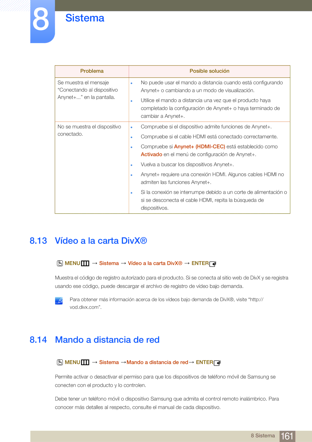 Samsung LH40MDBPLGC/EN manual 13 Vídeo a la carta DivX, Mando a distancia de red, MENUm Sistema Vídeo a la carta DivX Enter 