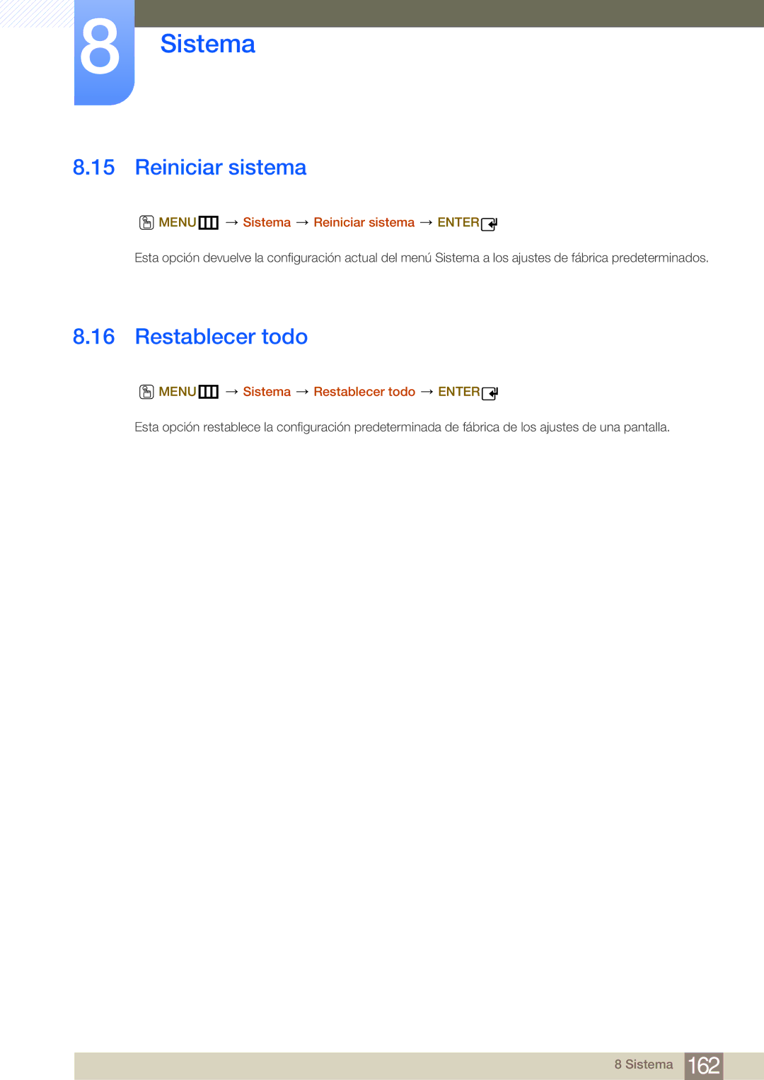 Samsung LH46MDBPLGC/EN, LH55MDBPLGC/EN MENUm Sistema Reiniciar sistema Enter, MENUm Sistema Restablecer todo Enter 