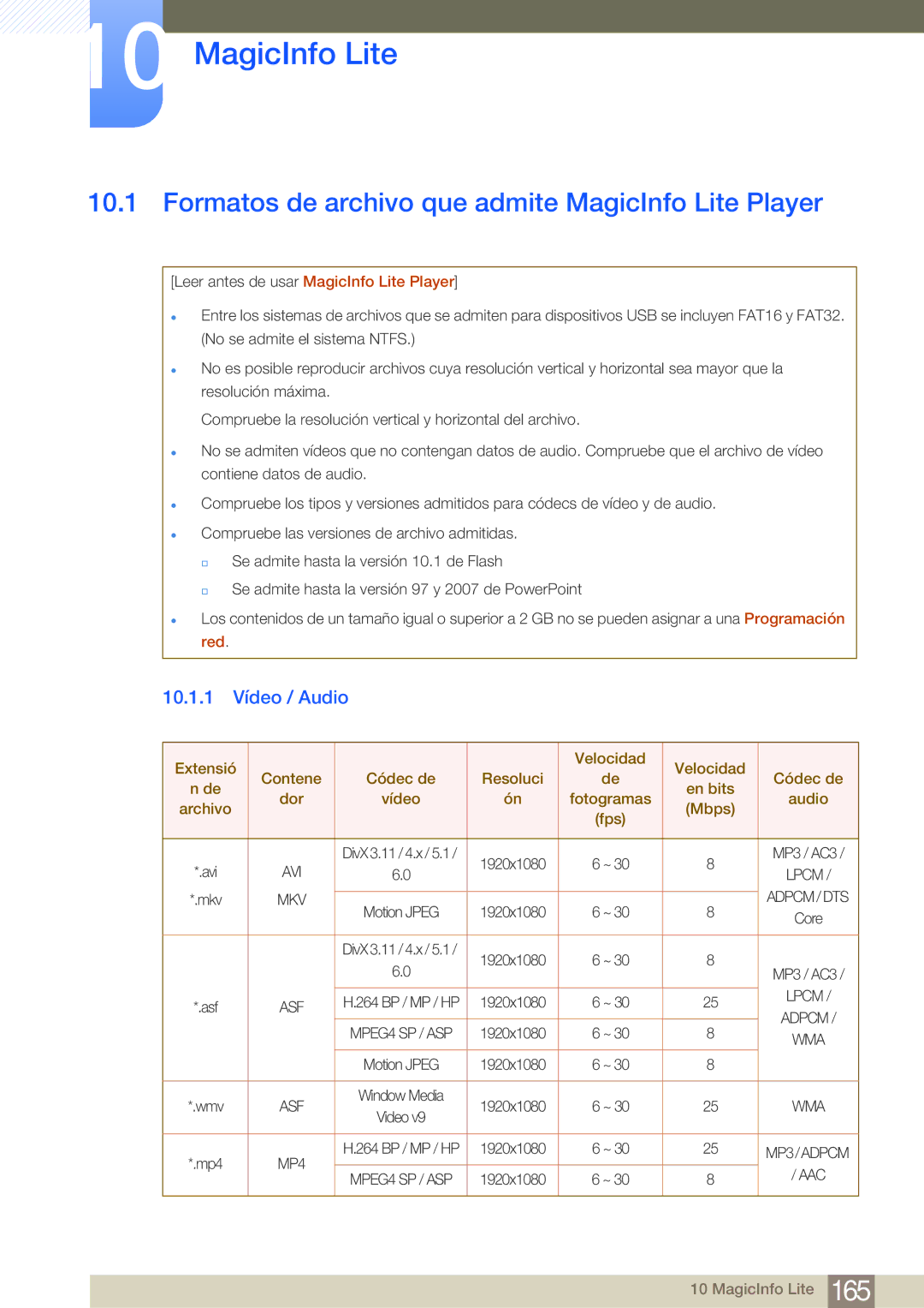 Samsung LH40MDBPLGC/EN, LH55MDBPLGC/EN manual Formatos de archivo que admite MagicInfo Lite Player, 10.1.1 Vídeo / Audio 