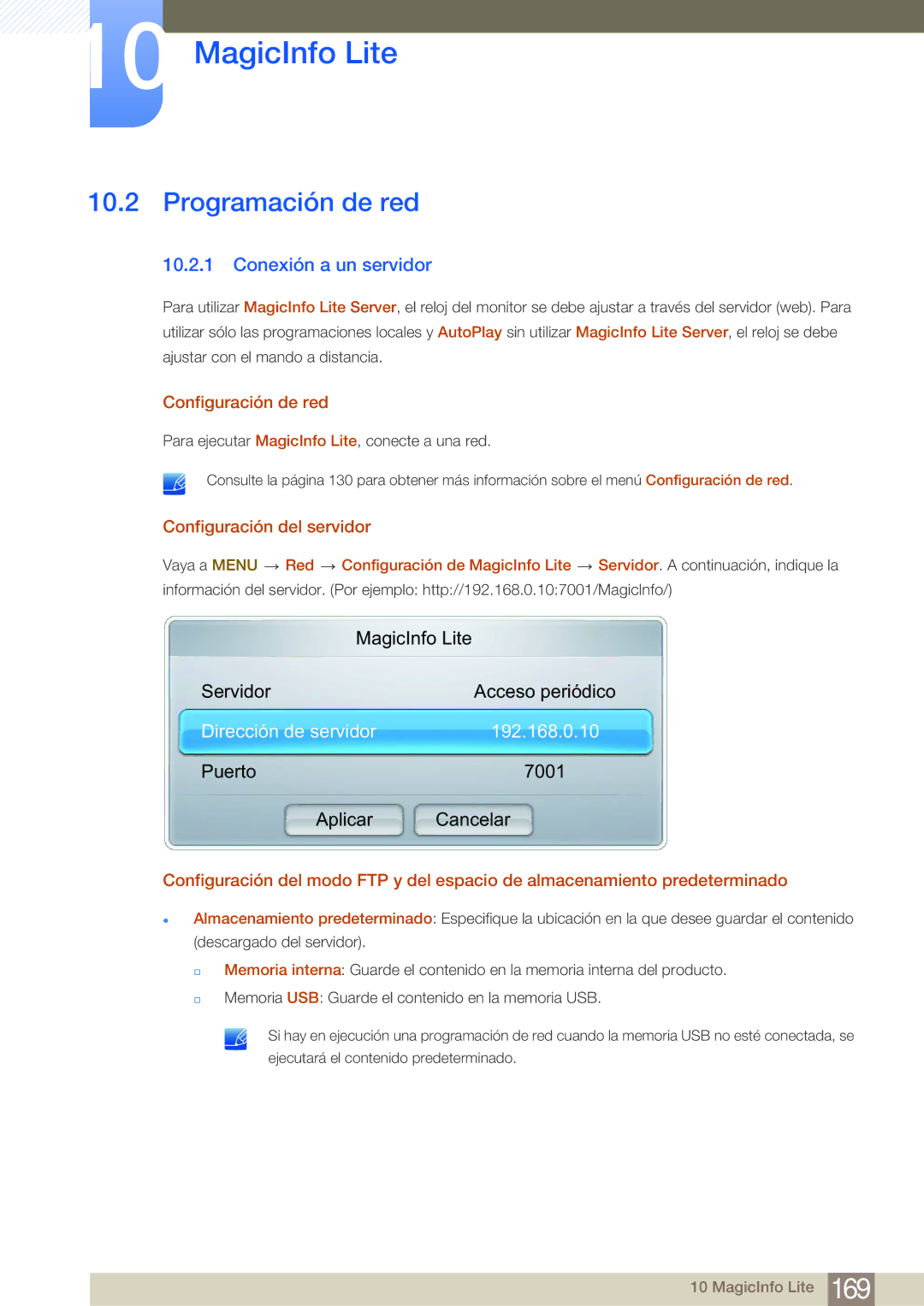 Samsung LH40MDBPLGC/EN manual Programación de red, Conexión a un servidor, Configuración de red, Configuración del servidor 