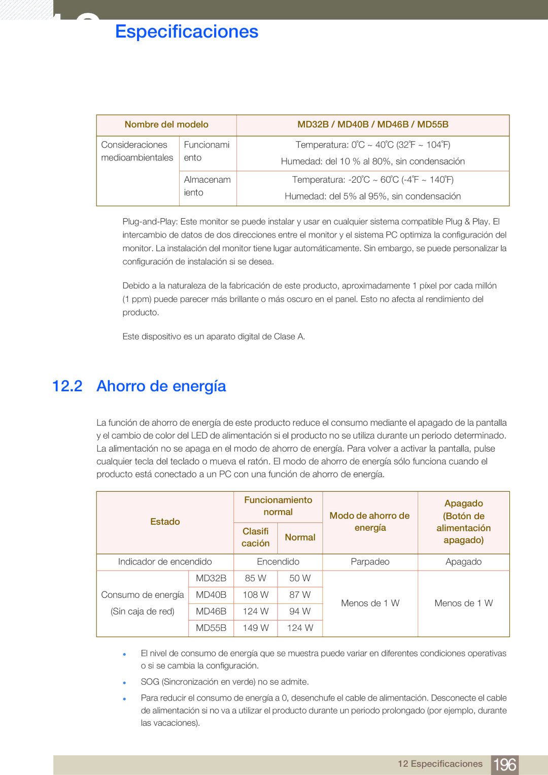 Samsung LH55MDBPLGC/EN, LH40MDBPLGC/EN, LH46MDBPLGC/EN, LH32MDBPLGC/EN manual Ahorro de energía 