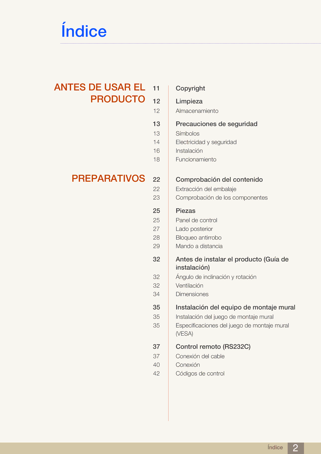 Samsung LH46MDBPLGC/EN, LH55MDBPLGC/EN, LH40MDBPLGC/EN, LH32MDBPLGC/EN manual Índice 