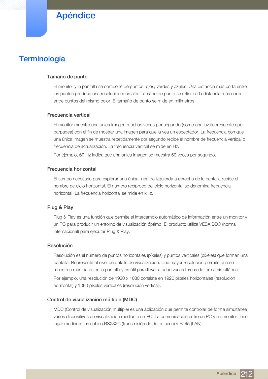 Samsung LH55MDBPLGC/EN, LH40MDBPLGC/EN, LH46MDBPLGC/EN, LH32MDBPLGC/EN manual Terminología, Tamaño de punto 