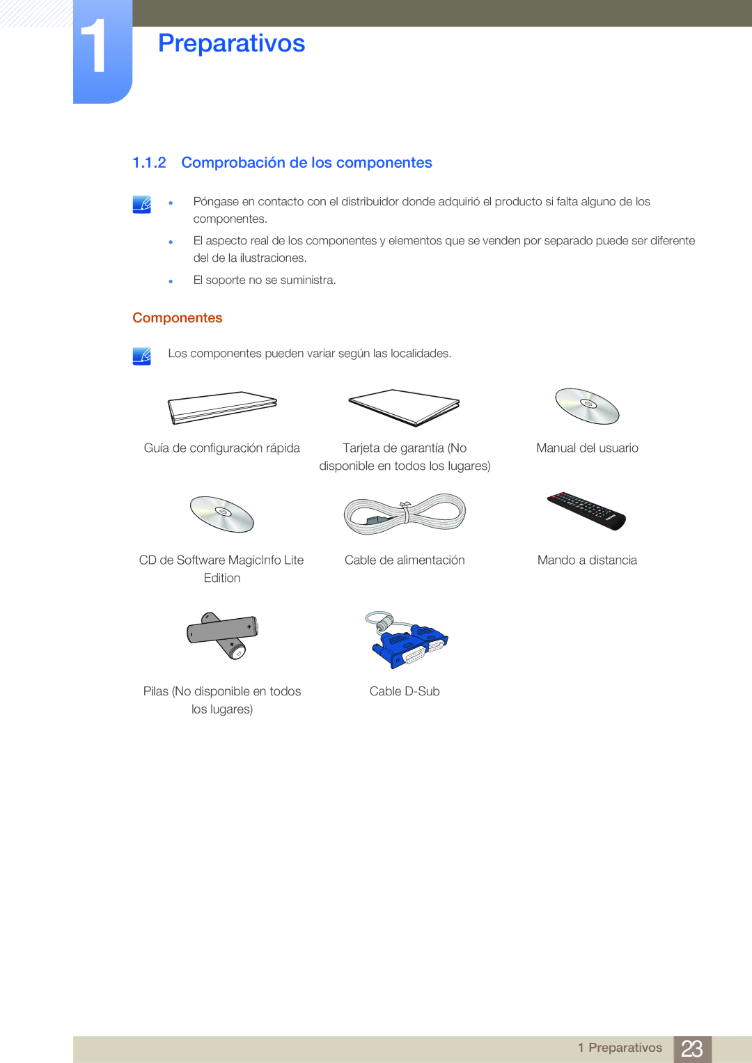 Samsung LH32MDBPLGC/EN, LH55MDBPLGC/EN, LH40MDBPLGC/EN, LH46MDBPLGC/EN manual Comprobación de los componentes, Componentes 