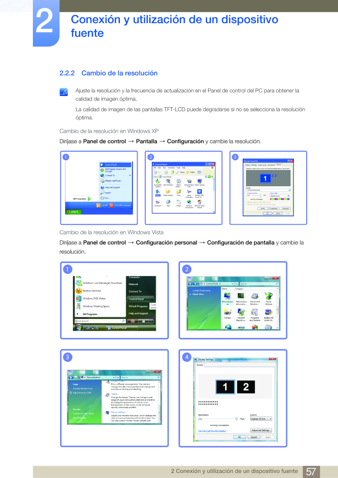 Samsung LH40MDBPLGC/EN, LH55MDBPLGC/EN Cambio de la resolución en Windows XP, Cambio de la resolución en Windows Vista 