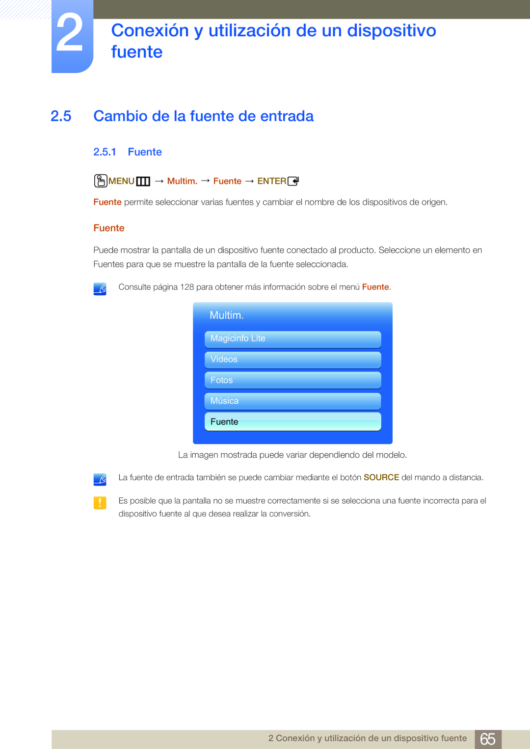 Samsung LH40MDBPLGC/EN, LH55MDBPLGC/EN, LH46MDBPLGC/EN manual Cambio de la fuente de entrada, MENUm Multim. Fuente Enter 