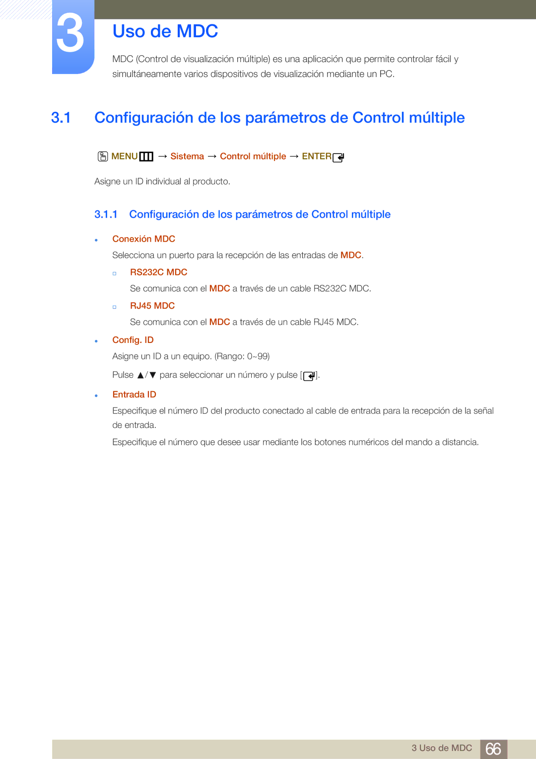 Samsung LH46MDBPLGC/EN, LH55MDBPLGC/EN, LH40MDBPLGC/EN manual Uso de MDC, Configuración de los parámetros de Control múltiple 