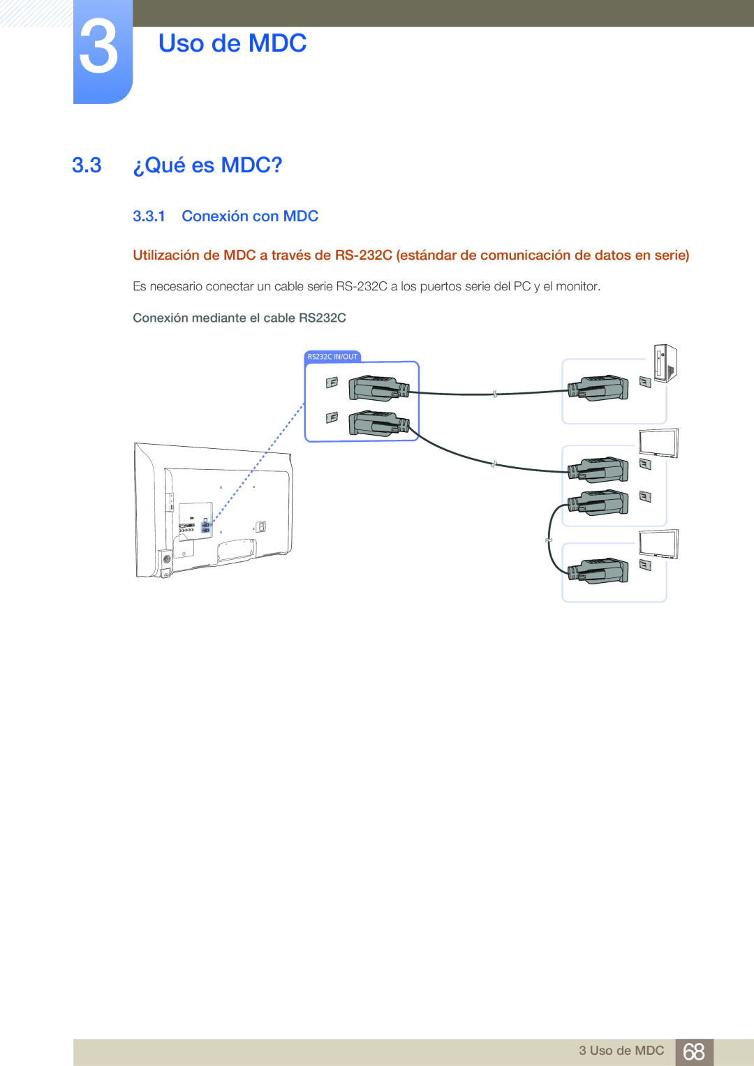 Samsung LH55MDBPLGC/EN, LH40MDBPLGC/EN, LH46MDBPLGC/EN ¿Qué es MDC?, Conexión con MDC, Conexión mediante el cable RS232C 