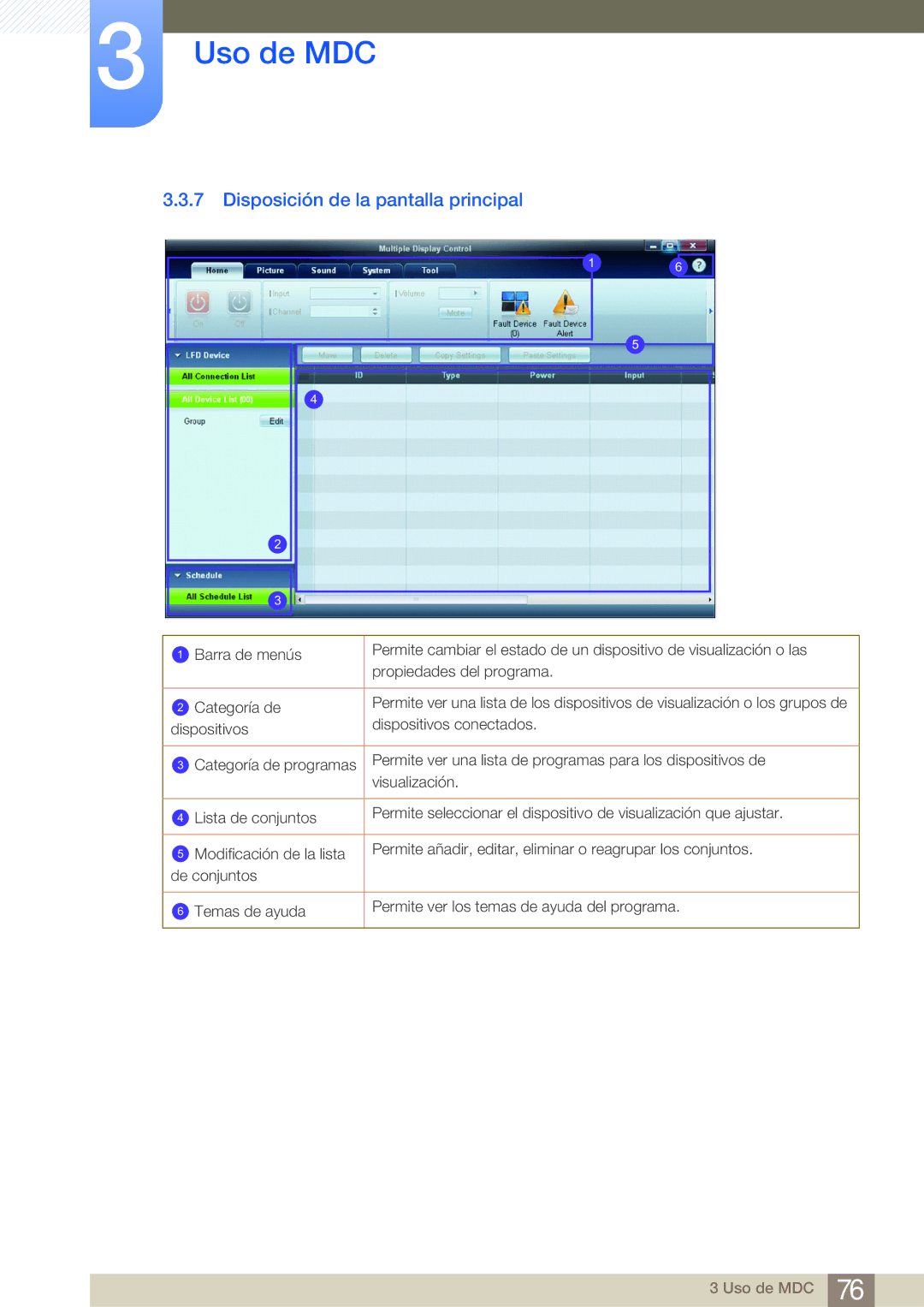 Samsung LH55MDBPLGC/EN, LH40MDBPLGC/EN, LH46MDBPLGC/EN, LH32MDBPLGC/EN manual Disposición de la pantalla principal 