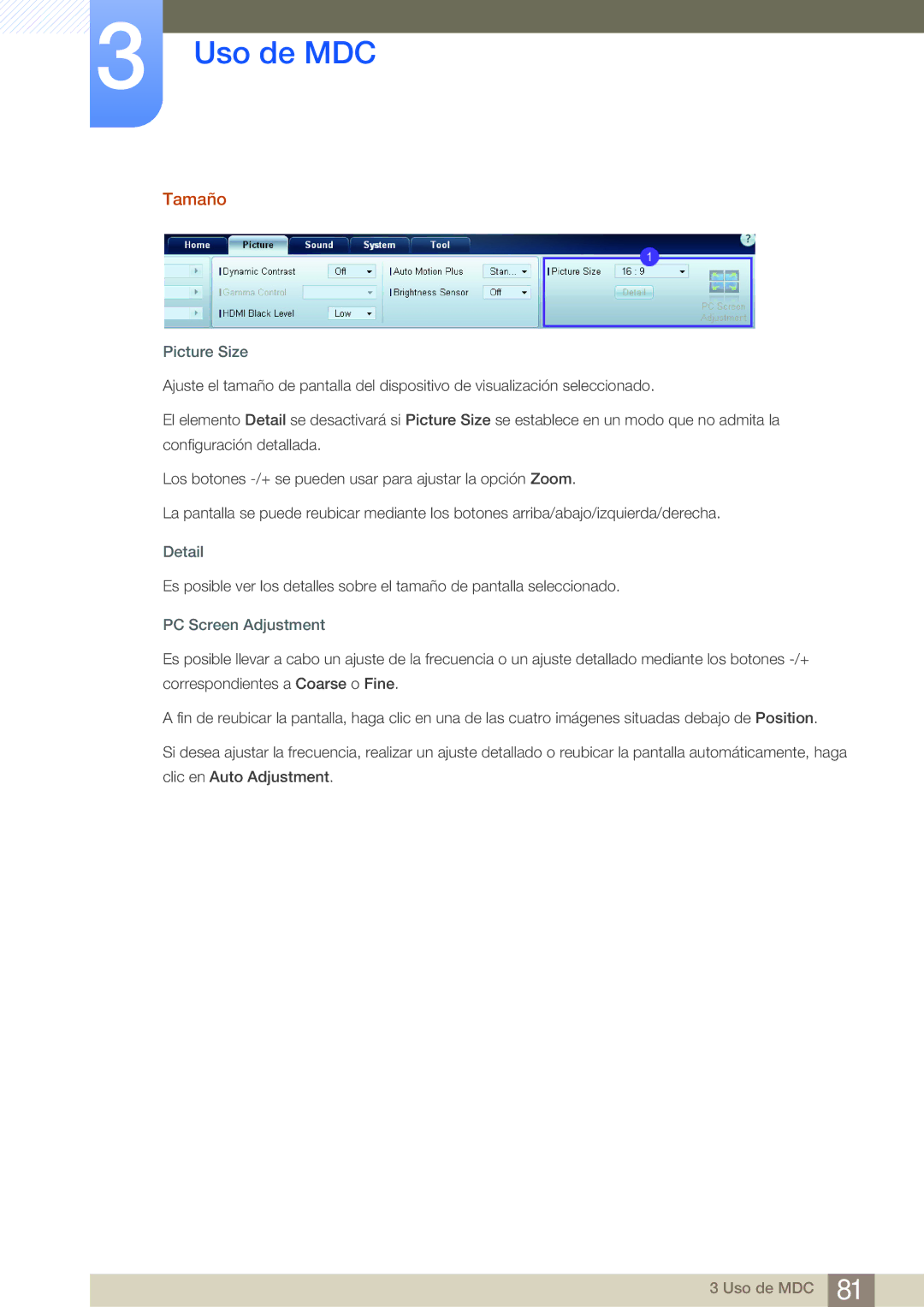 Samsung LH40MDBPLGC/EN, LH55MDBPLGC/EN, LH46MDBPLGC/EN, LH32MDBPLGC/EN Tamaño, Picture Size, Detail, PC Screen Adjustment 