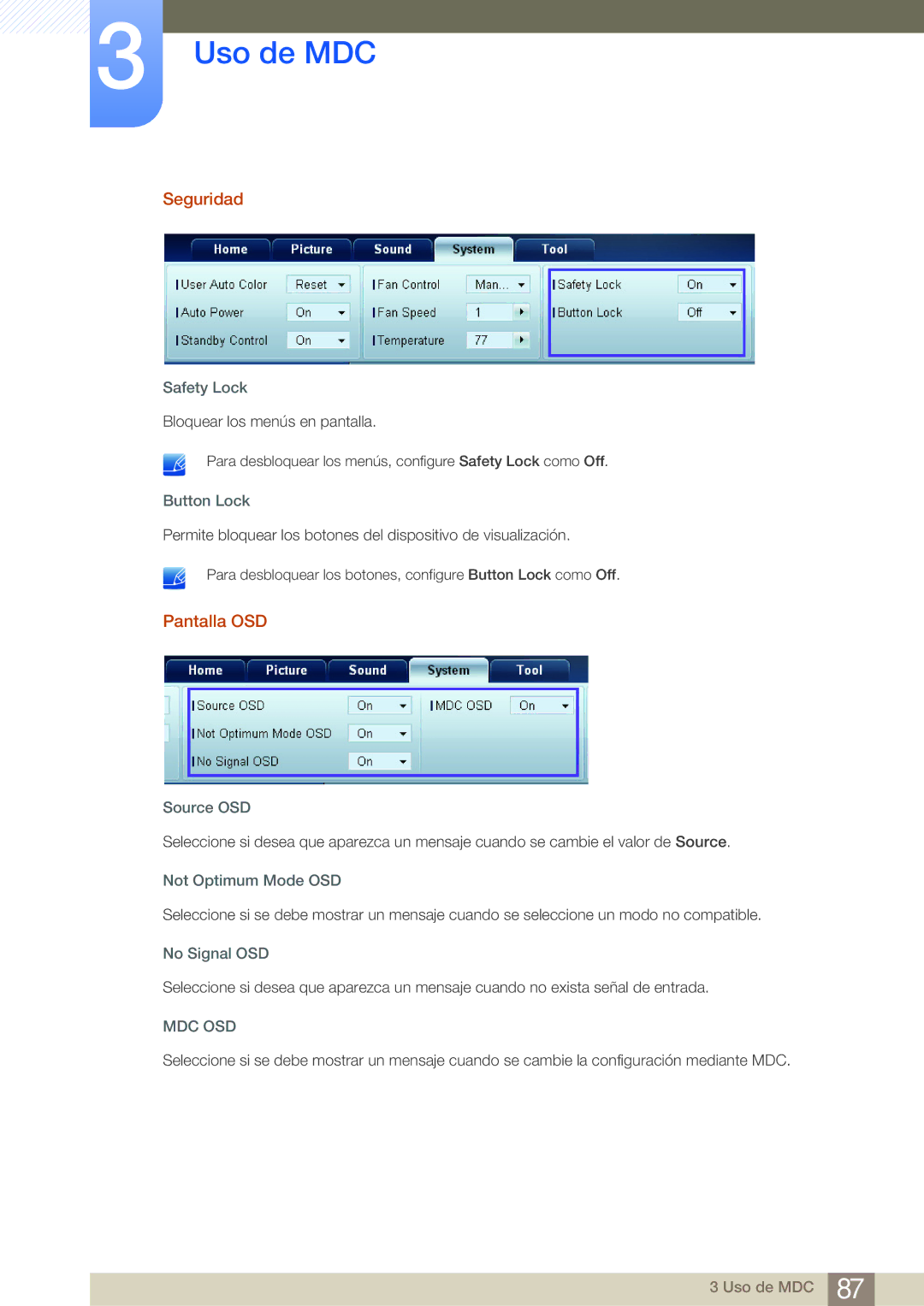 Samsung LH32MDBPLGC/EN, LH55MDBPLGC/EN, LH40MDBPLGC/EN manual Seguridad, Pantalla OSD, Safety Lock, Button Lock, Source OSD 
