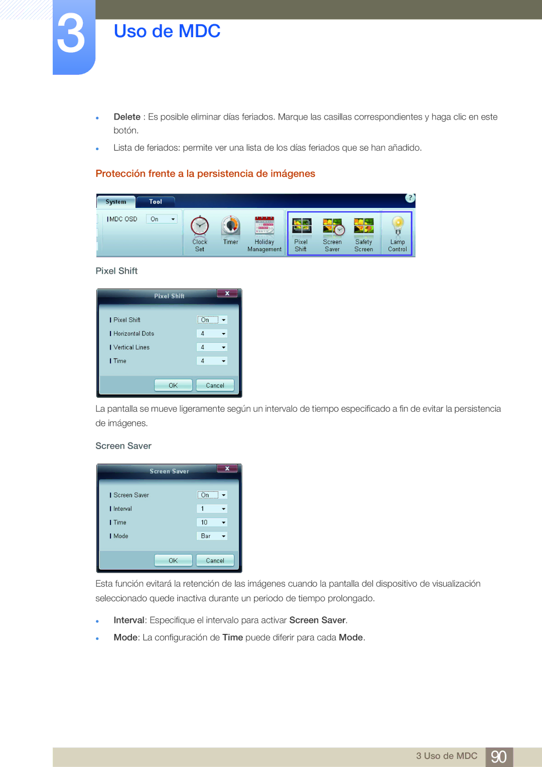 Samsung LH46MDBPLGC/EN, LH55MDBPLGC/EN manual Protección frente a la persistencia de imágenes, Pixel Shift, Screen Saver 