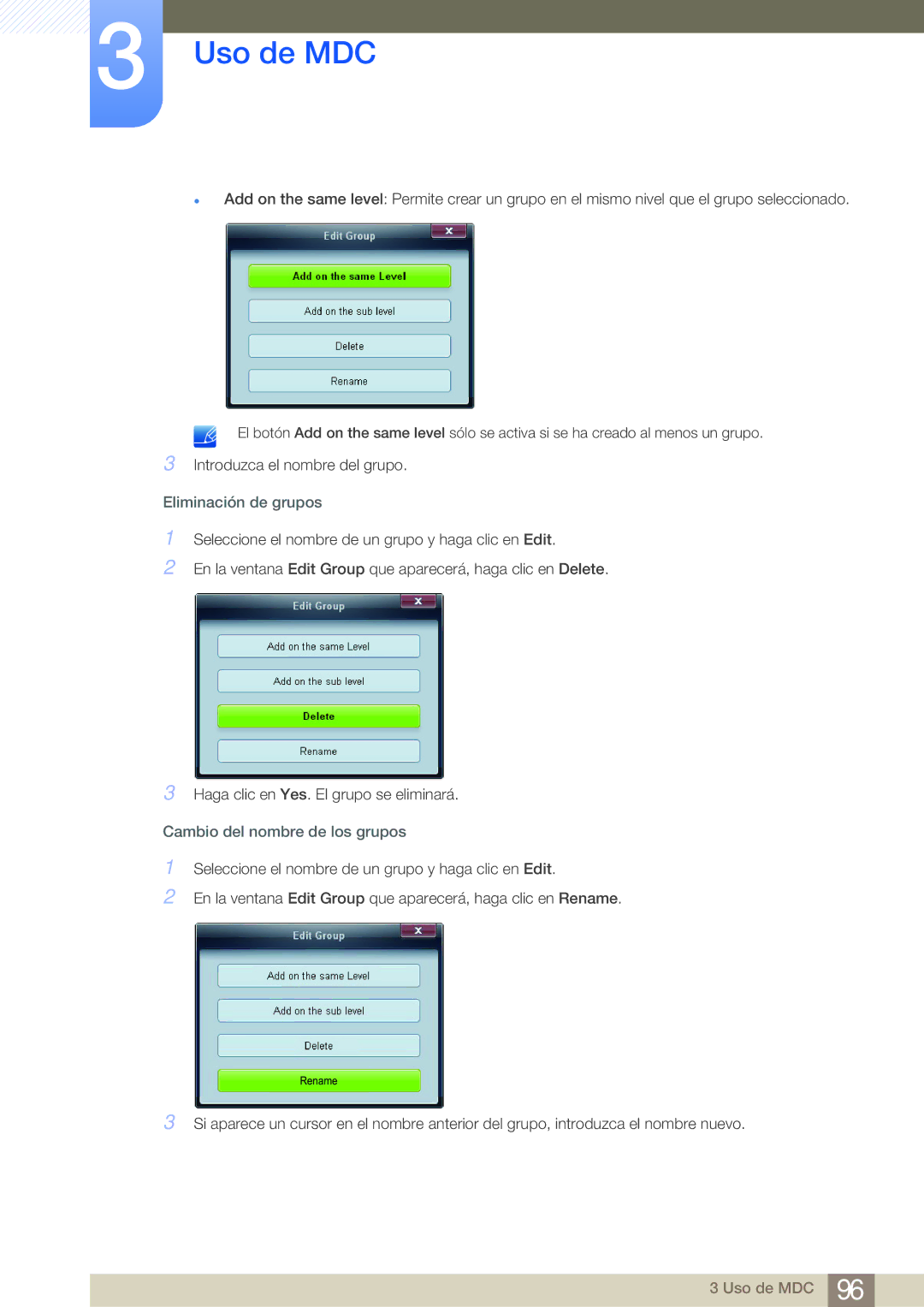 Samsung LH55MDBPLGC/EN, LH40MDBPLGC/EN, LH46MDBPLGC/EN manual Eliminación de grupos, Cambio del nombre de los grupos 
