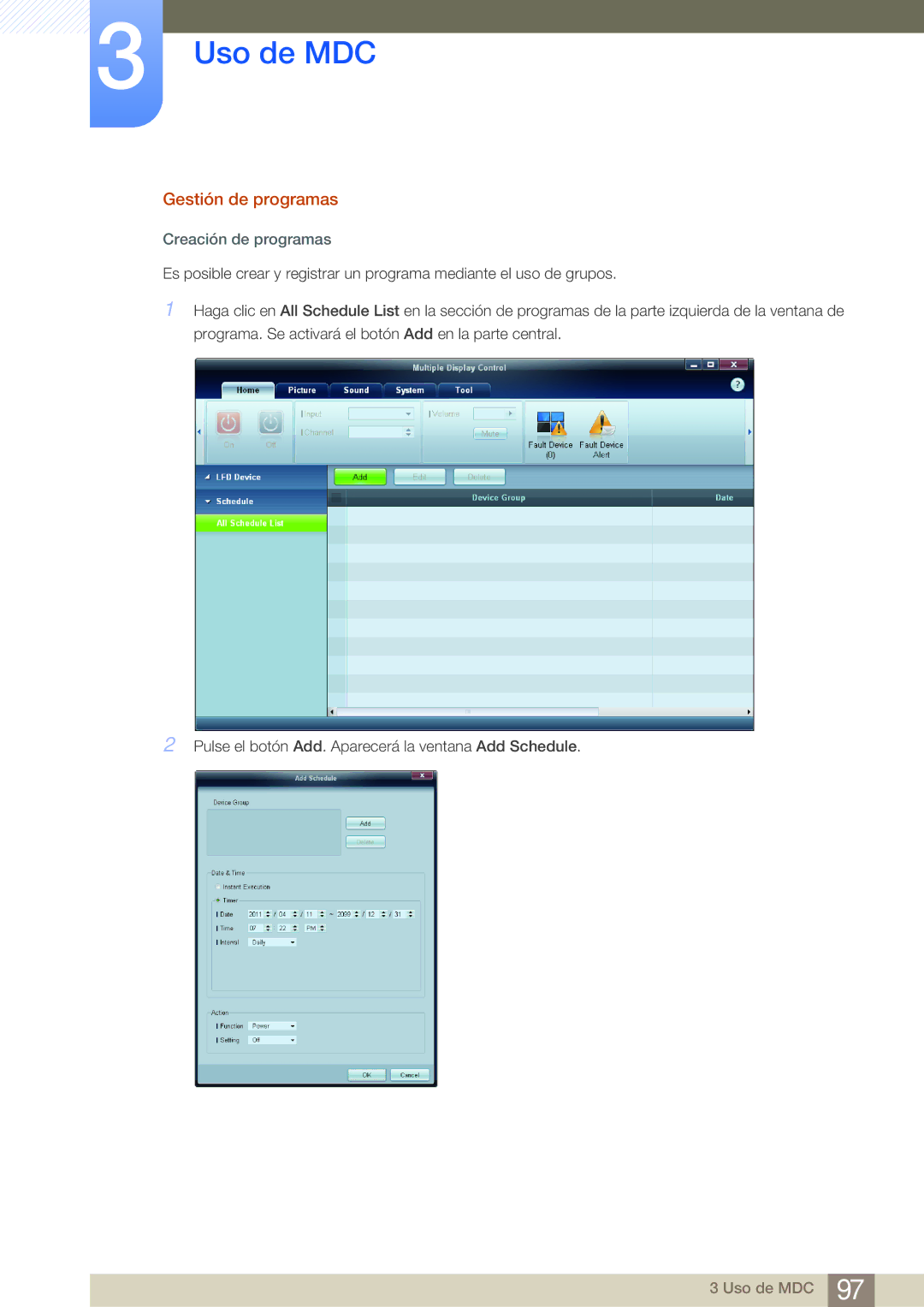 Samsung LH40MDBPLGC/EN, LH55MDBPLGC/EN, LH46MDBPLGC/EN, LH32MDBPLGC/EN manual Gestión de programas, Creación de programas 