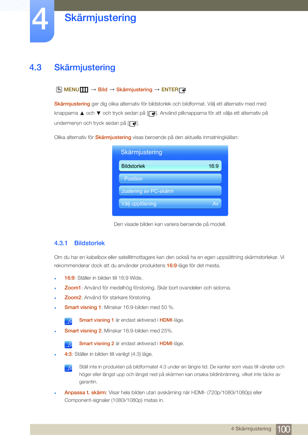 Samsung LH55MDBPLGC/EN, LH40MDBPLGC/EN, LH46MDBPLGC/EN, LH32MDBPLGC/EN manual Bildstorlek, MENUm Bild Skärmjustering Enter 